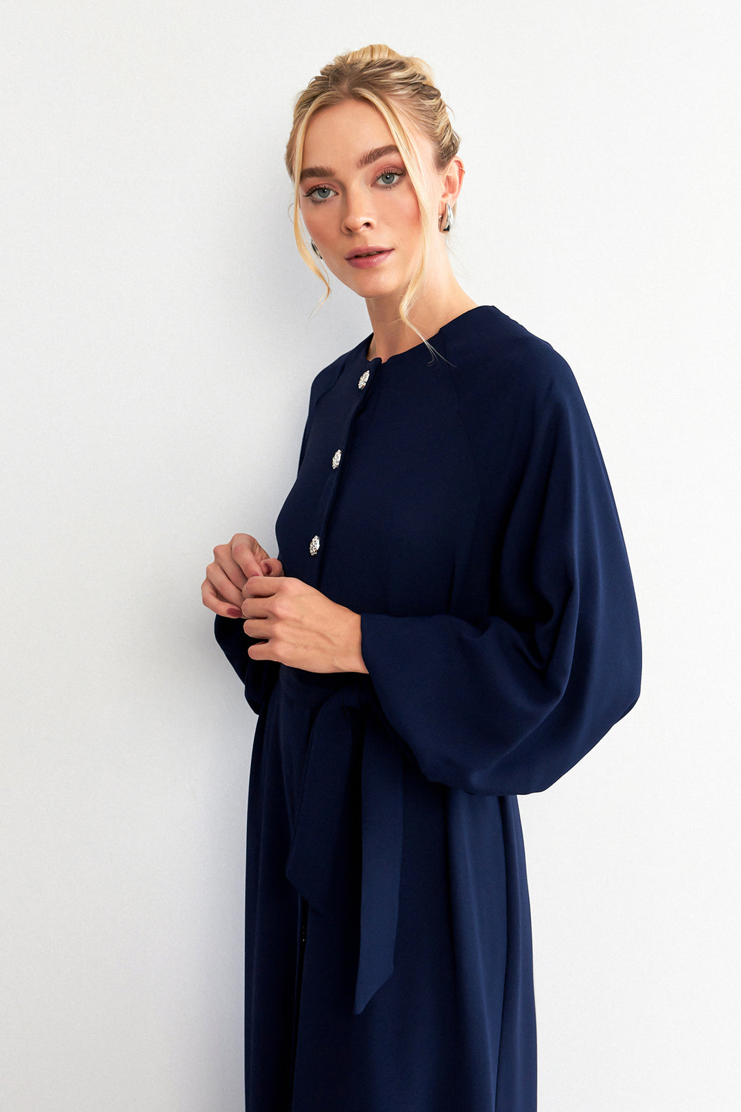 ZRF Women Balloon Sleeve Buttoned Abaya Dress - Navy Blue - Bondy