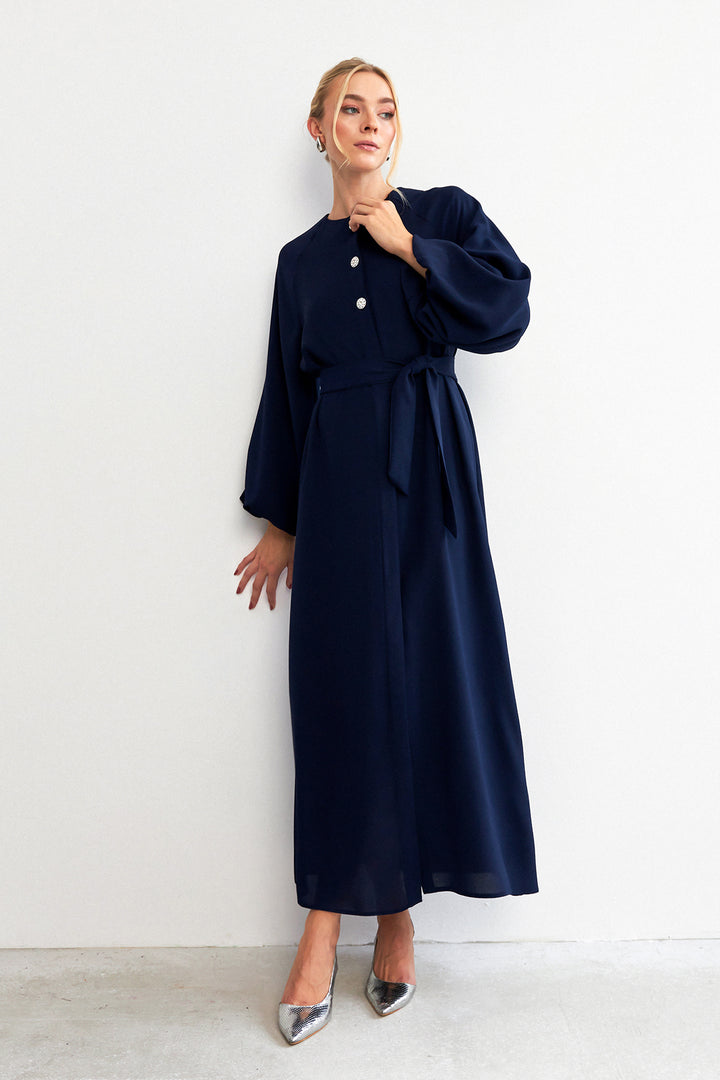 ZRF Women Balloon Sleeve Buttoned Abaya Dress - Navy Blue - Bondy