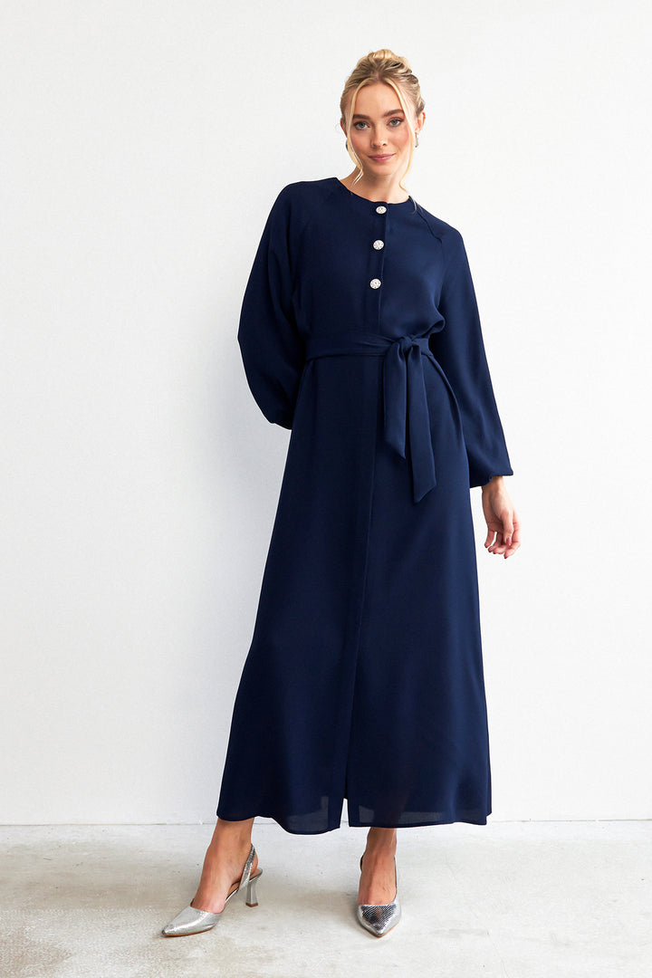 ZRF Women Balloon Sleeve Buttoned Abaya Dress - Navy Blue - Bondy