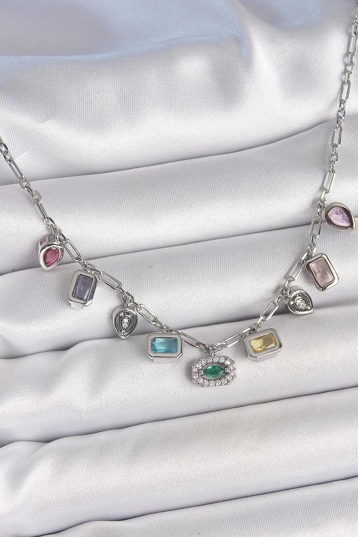 EBJ Silver Brass Necklace with Sequential Mixed Color Zircon Stones - Gorinchem