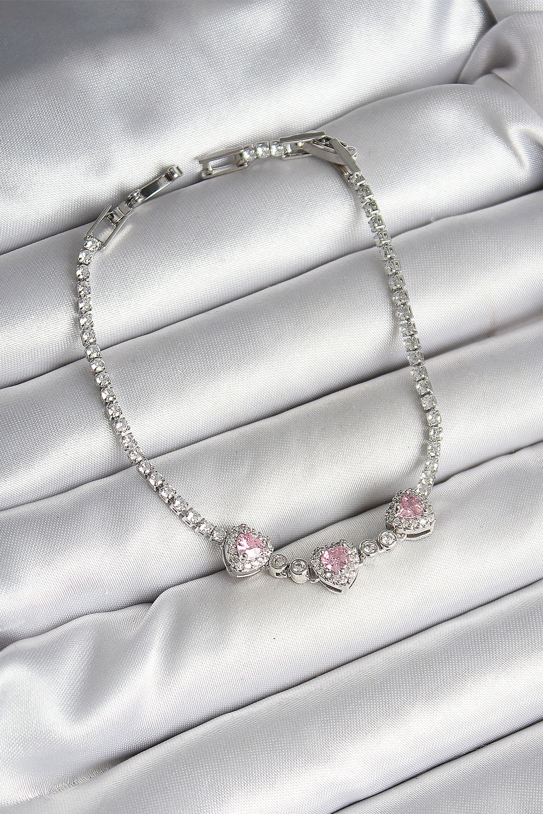 EBJ Silver Color Women's Bracelet with Rice Ordered Pink Heart Shaped Zircon Stone - Santa María Texmelucan