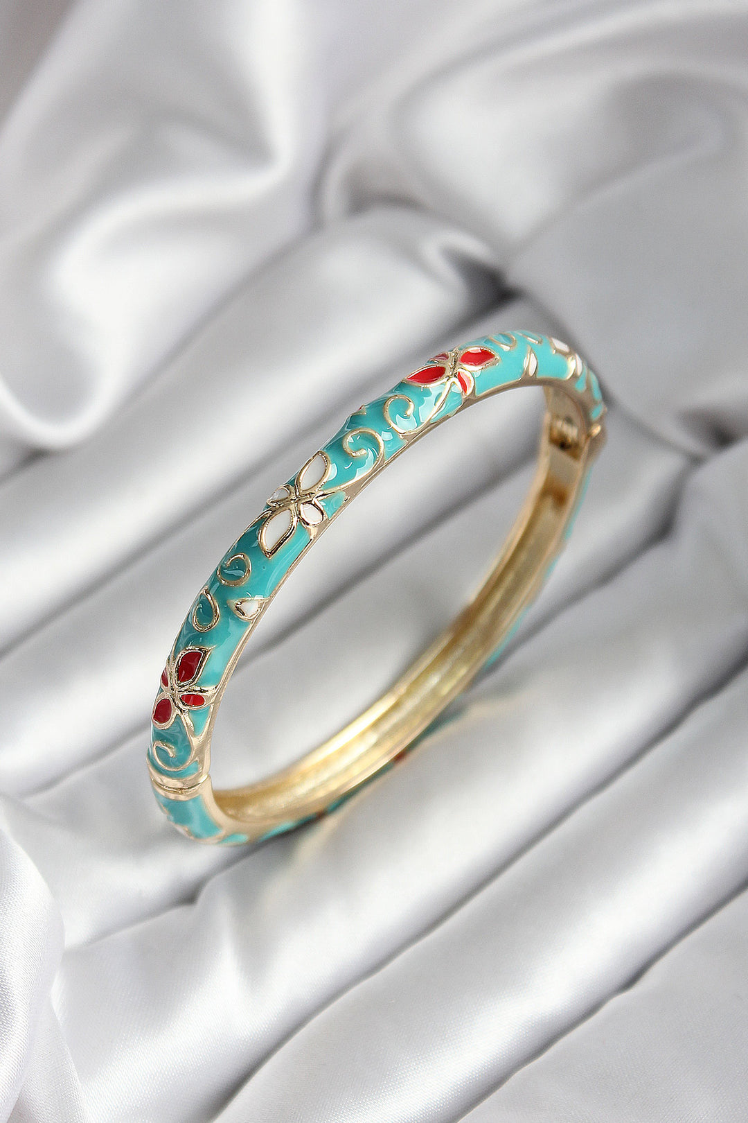 EBJ Mineli Brass Turquoise Flower Patterned Gold Color Women's Cuff (diameter 60 mm) - Hot Springs