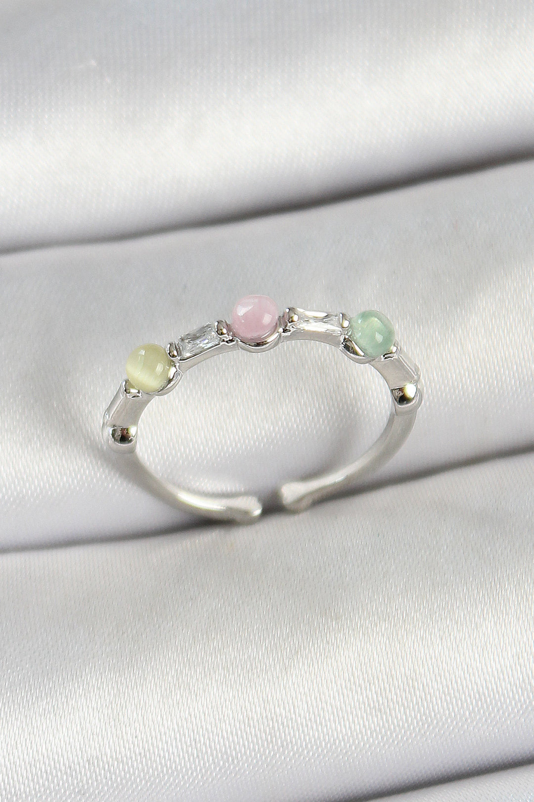 EBJ Rice-Ordered Bead Figured Zircon Stone Silver Color Adjustable Women's Ring - Tarbes