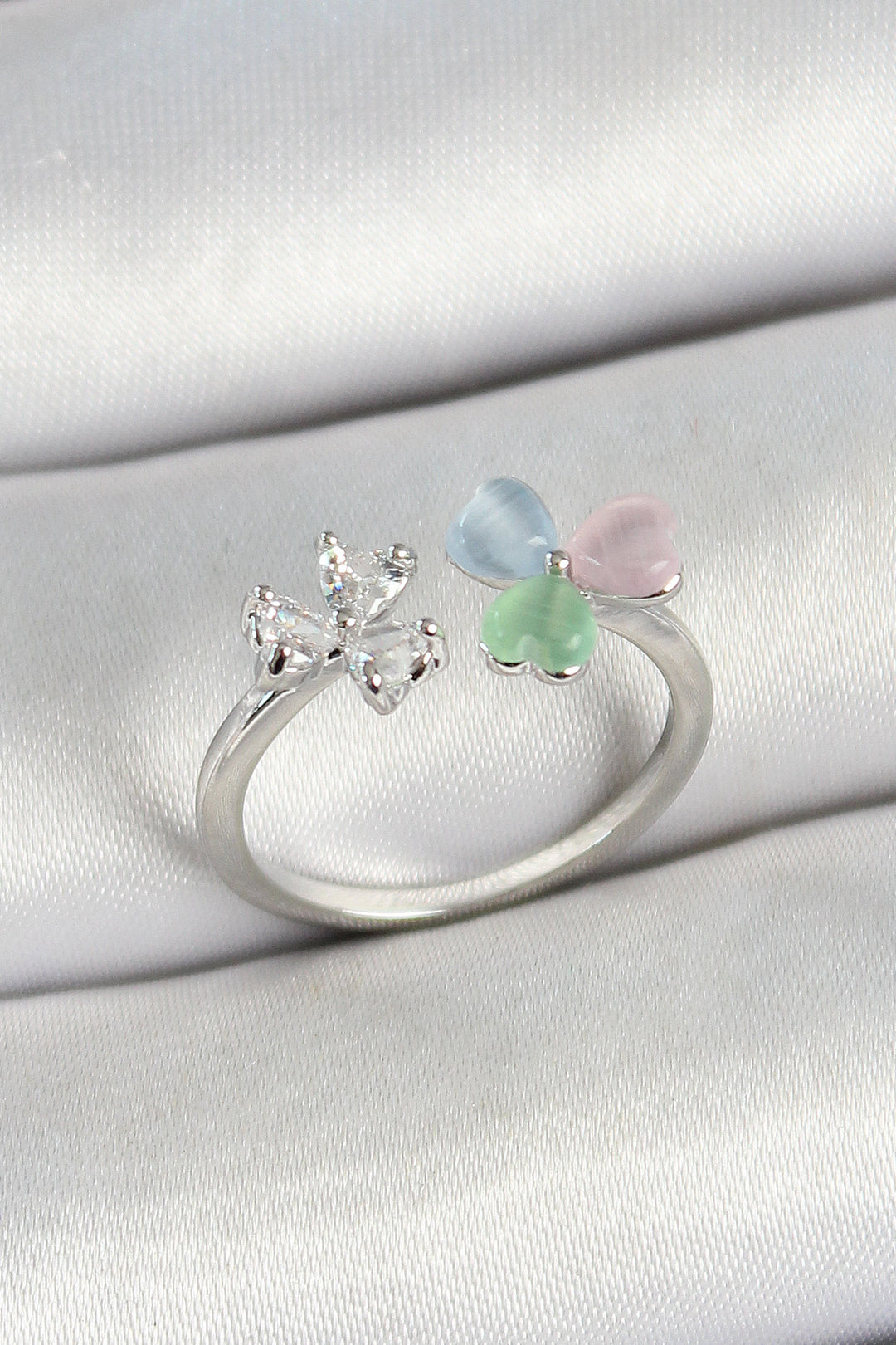 EBJ Adjustable Women's Ring with Rice Heart Shaped Zircon Stone Silver Color - Chambéry