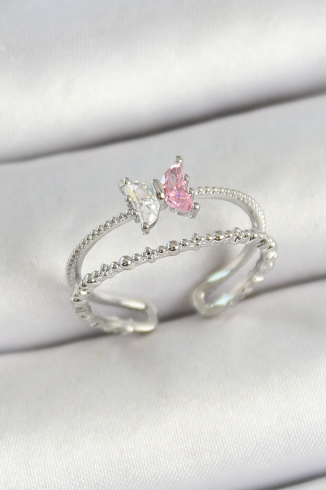 EBJ Adjustable Women's Ring with Rice Butterfly Figure Zircon Stone Silver Color - Kobryn