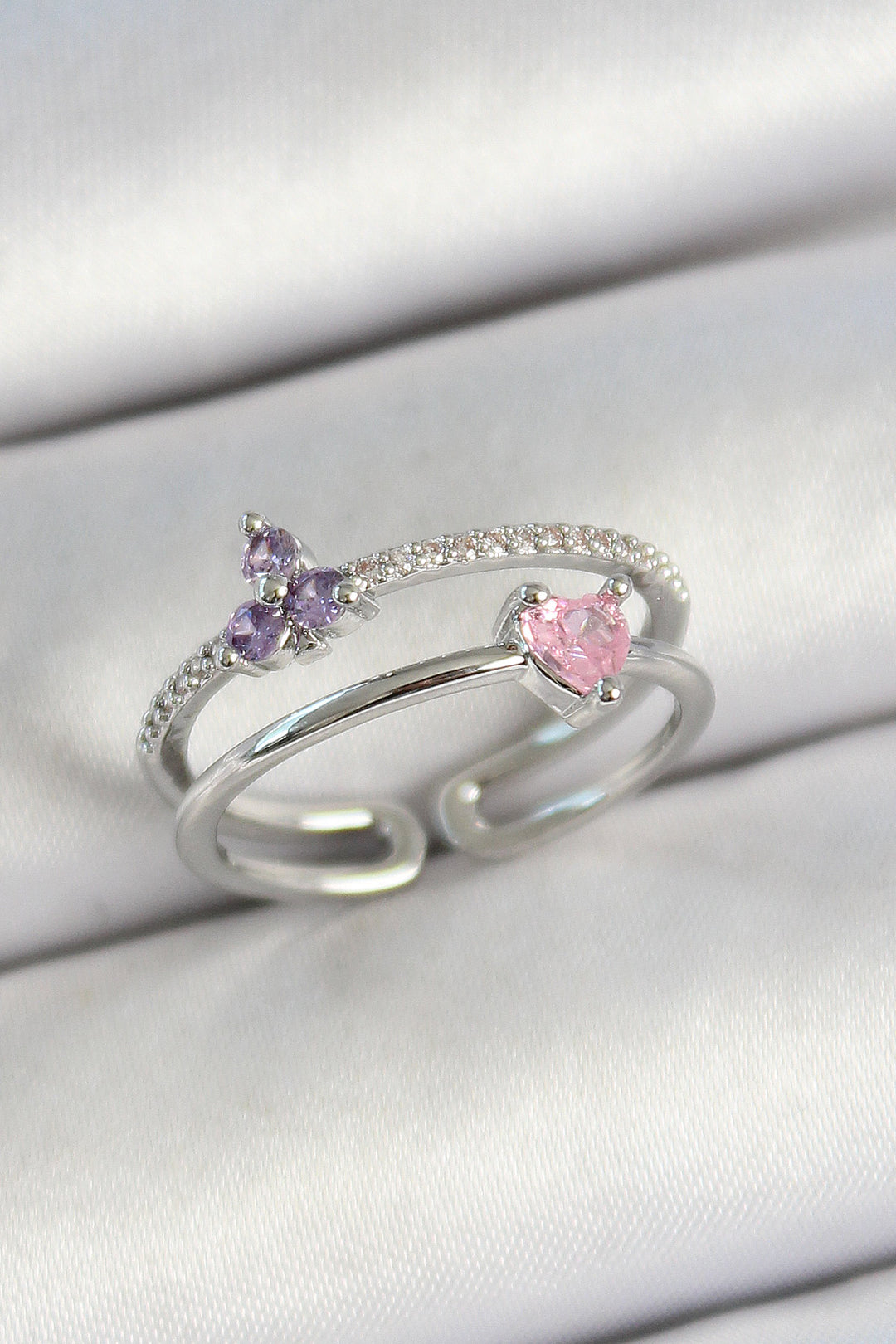 EBJ Adjustable Women's Ring with Rice Heart and Flower Figure Zircon Stone Silver Color - Bünde