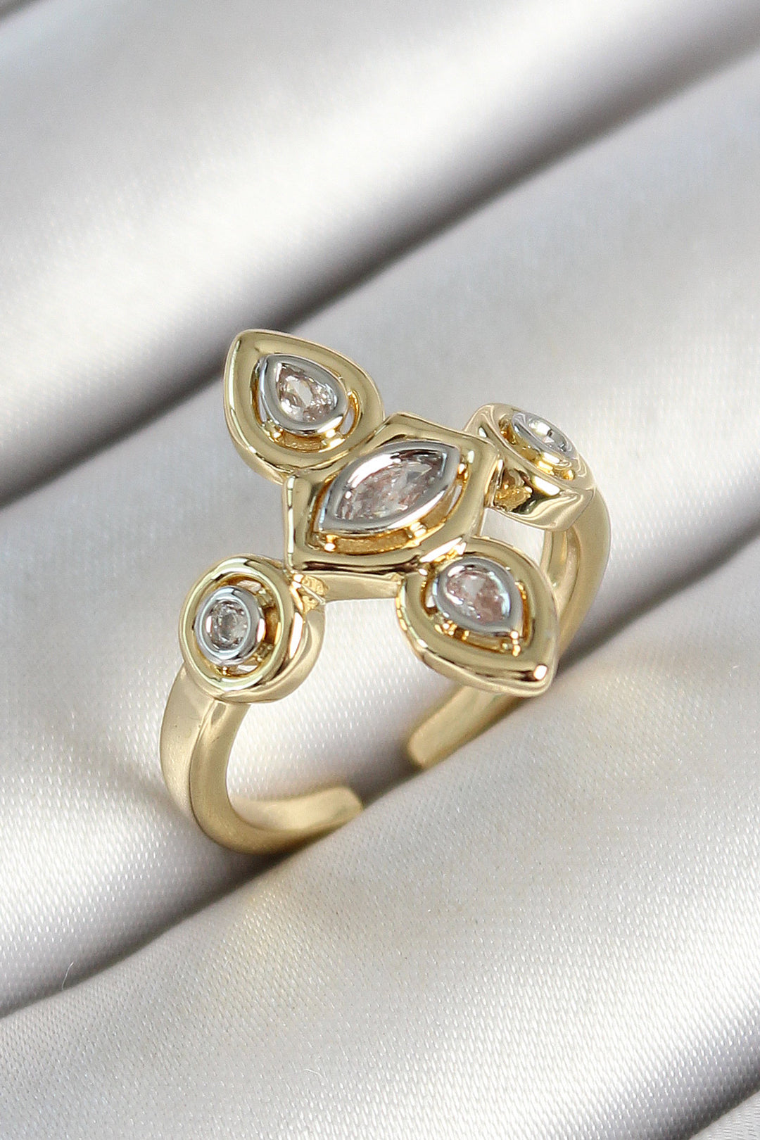 EBJ Rice Five Stone Trend Figure Zircon Stone Gold Color Adjustable Women's Ring - Moore