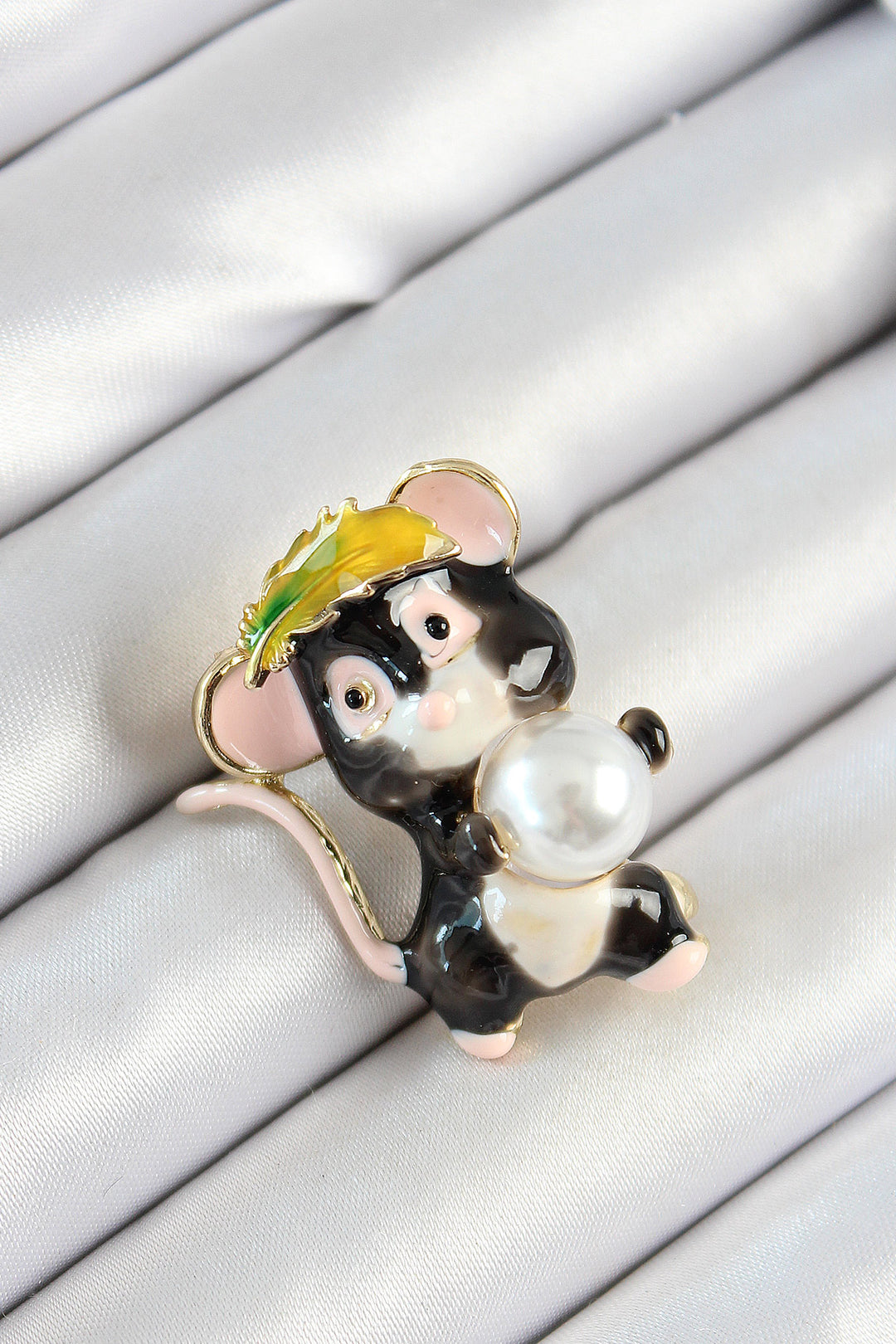 EBJ Pearl Detailed Black and Pink 3D Cute Mouse Figure Gold Color Women's Brooch - Grants Pass