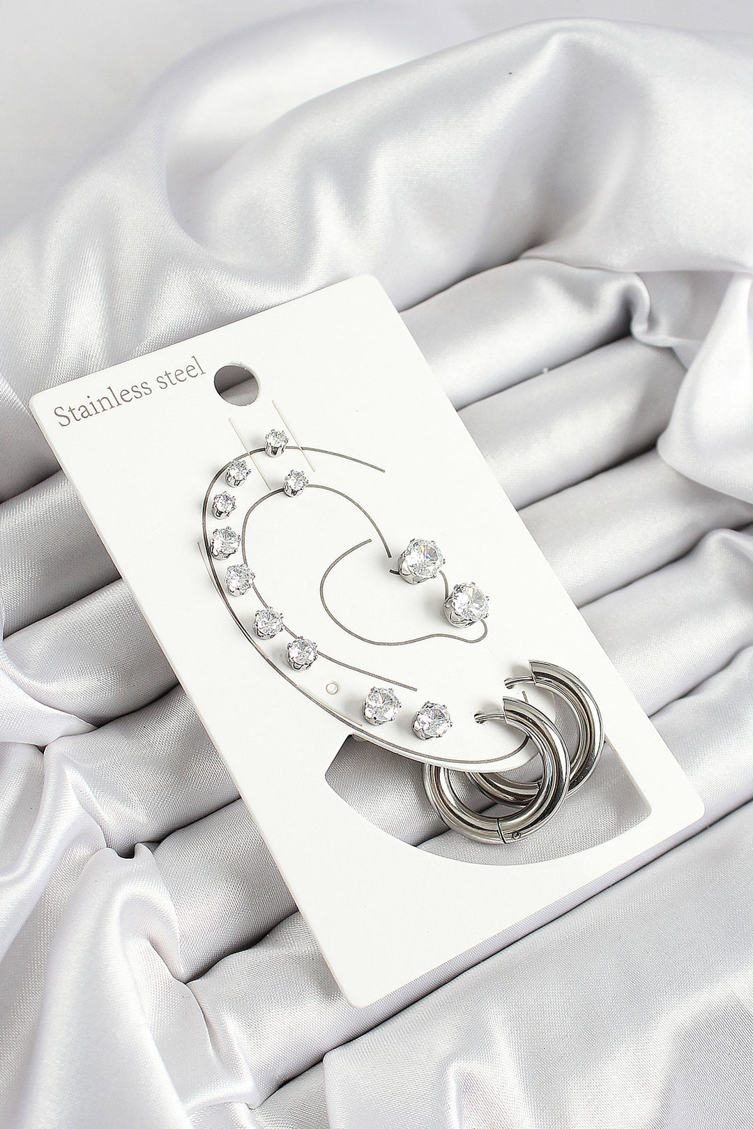 EBJ 316L Stainless Steel Ring Figured and Zircon Stone Silver Color 7-Piece Double Women Earring Set - Jiquílpan de Juárez