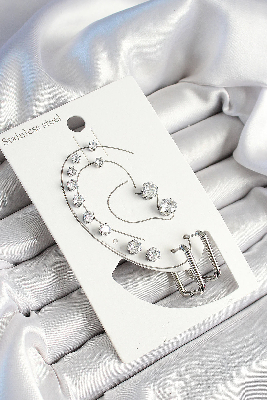 EBJ 316L Stainless Steel Rectangular Shaped and Zircon Stone Silver Color 7-Piece Double Women's Earring Set - Bremen