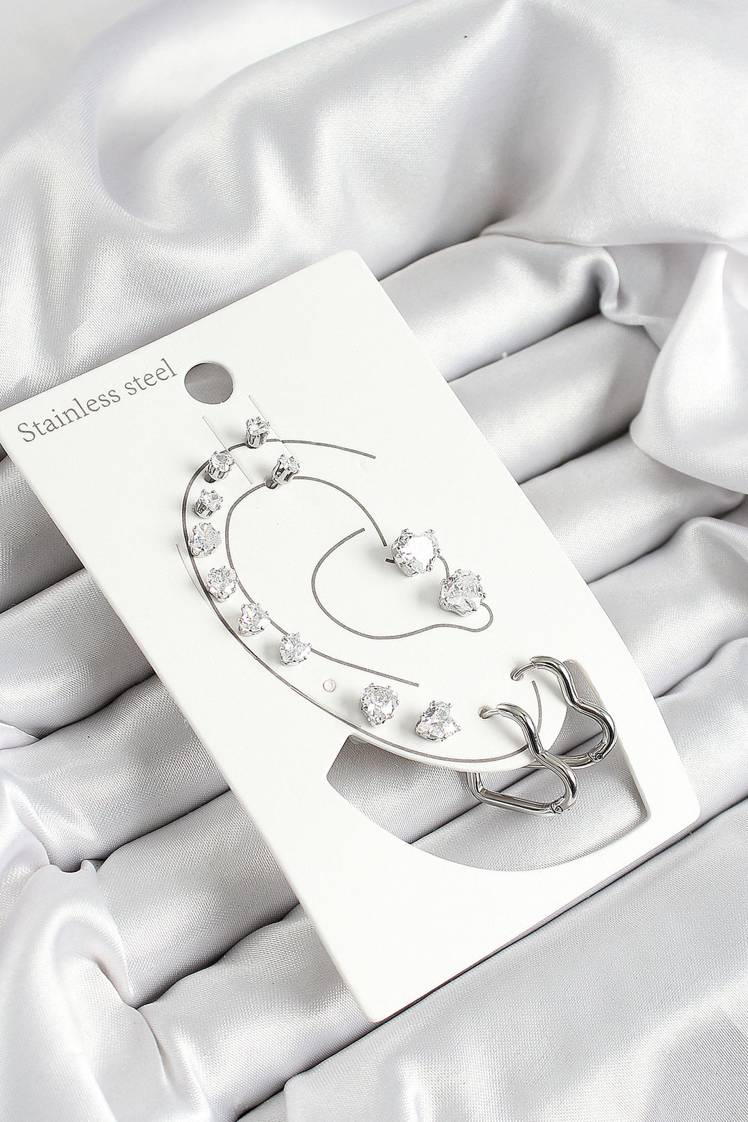 EBJ 316L Stainless Steel Heart Shaped and Zircon Stone Silver Color 7-Piece Women's Earring Set - St. Peters
