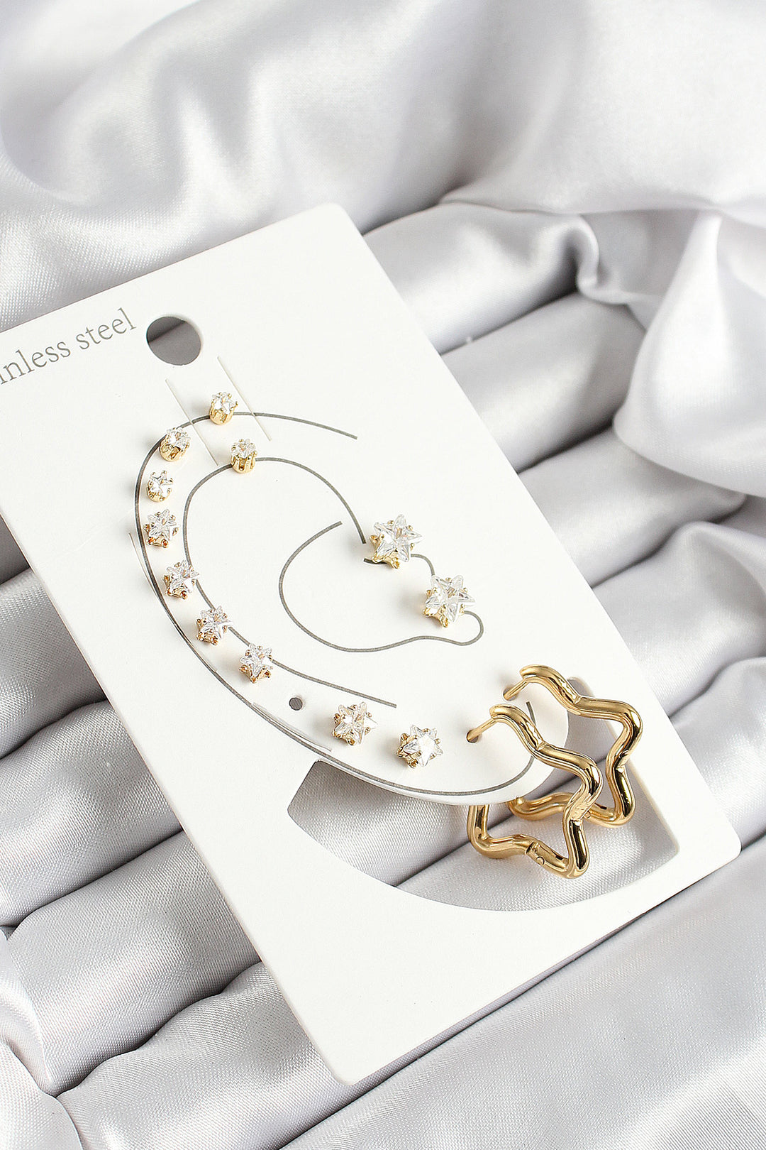 EBJ 316L Stainless Steel Star Shaped and Zircon Stone Gold Color 7-Piece Pair of Women's Earring Set - Azuqueca de Henares
