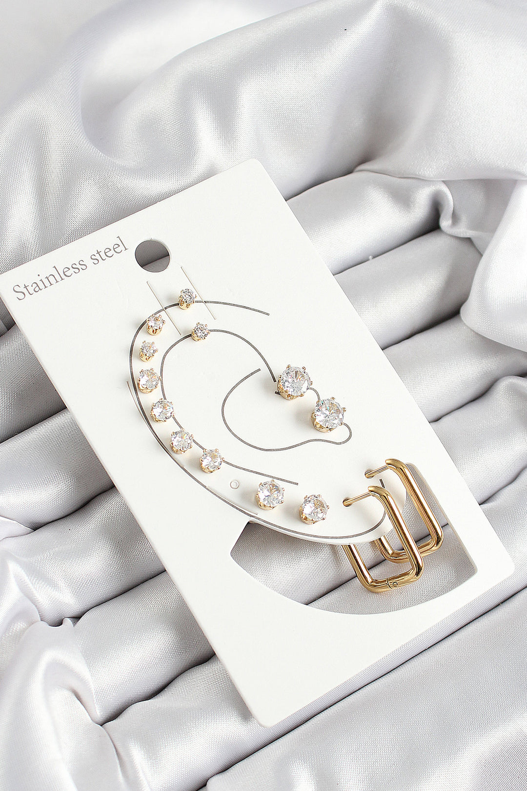 EBJ 316L Stainless Steel Rectangular Shaped and Zircon Stone Gold Color 7-Piece Double Women's Earring Set - Bay City