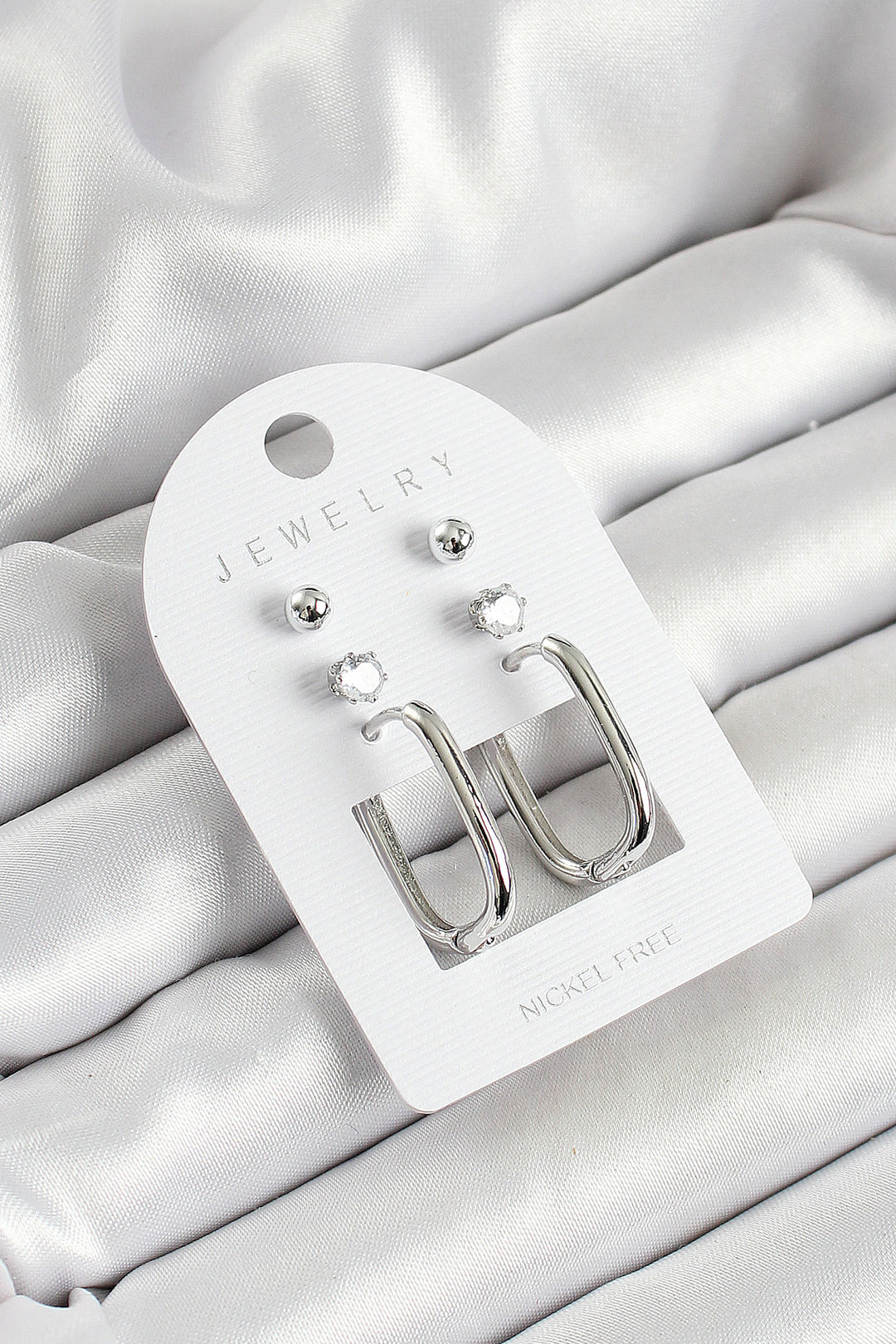 EBJ Rice Zircon Stone and Rectangular Figure Silver Color 3-Piece Double Women's Earring Set - Kirkcaldy