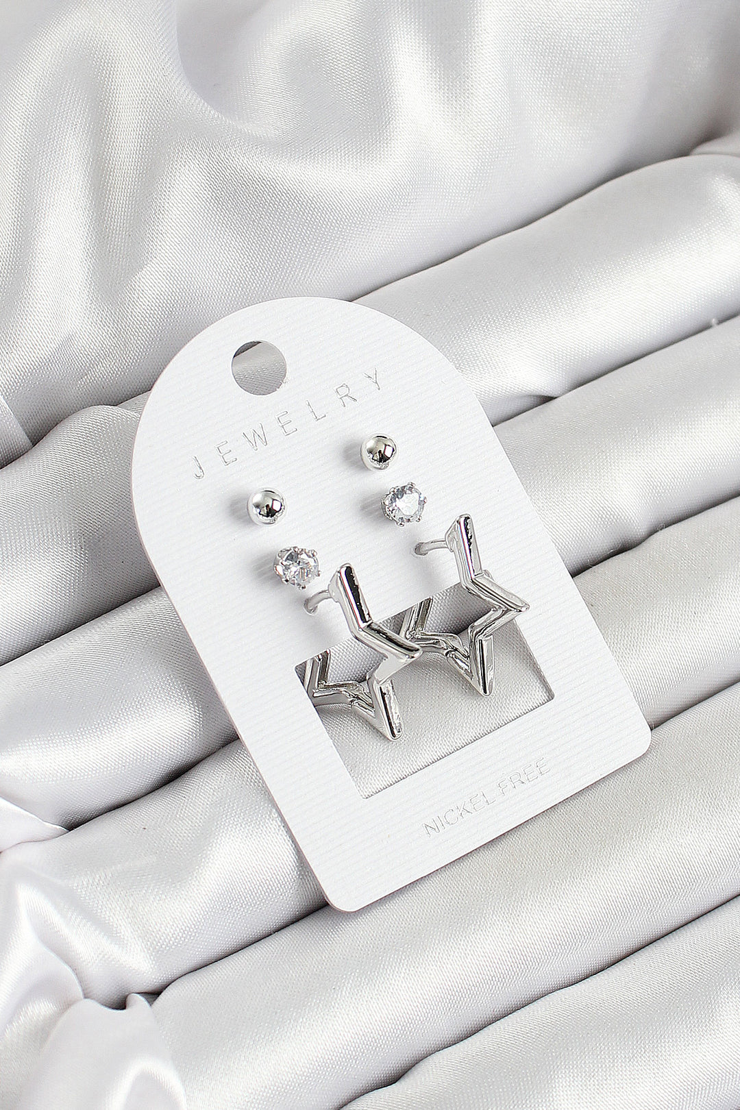 EBJ Rice Zircon Stone and Star Figured Silver Color 3-Piece Women's Earring Set - Winchester