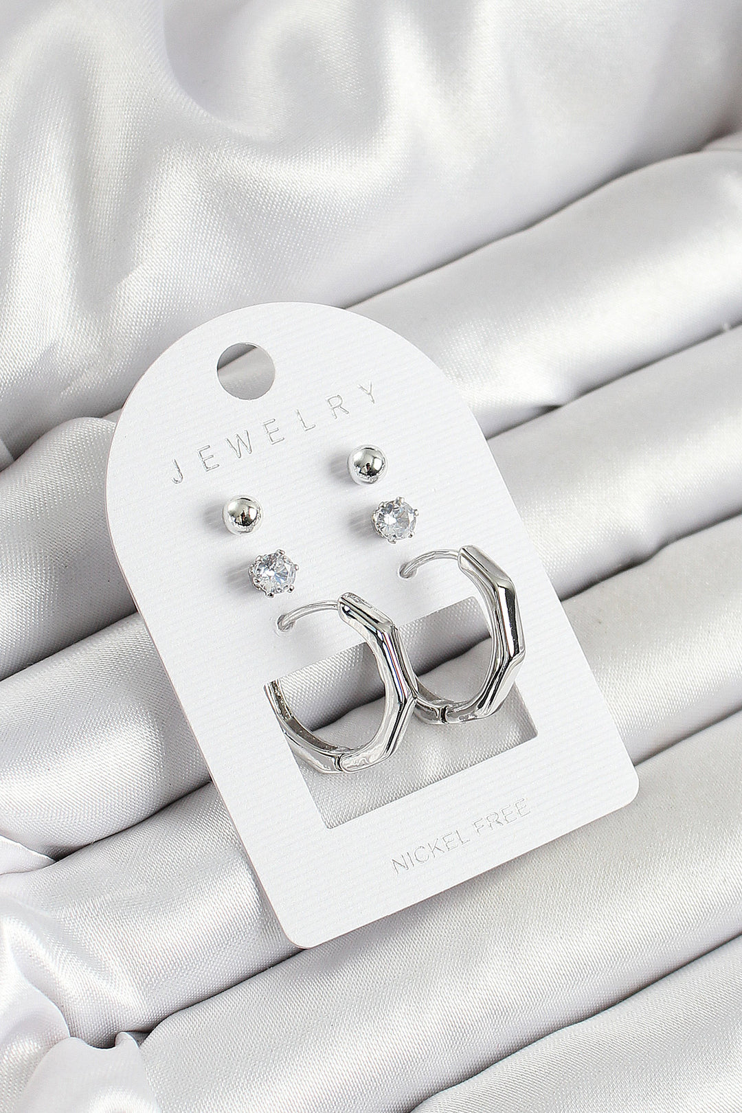 EBJ Rice Zircon Stone and Bone Ring Figured Silver Color 3-Piece Women's Earring Set - Caivano