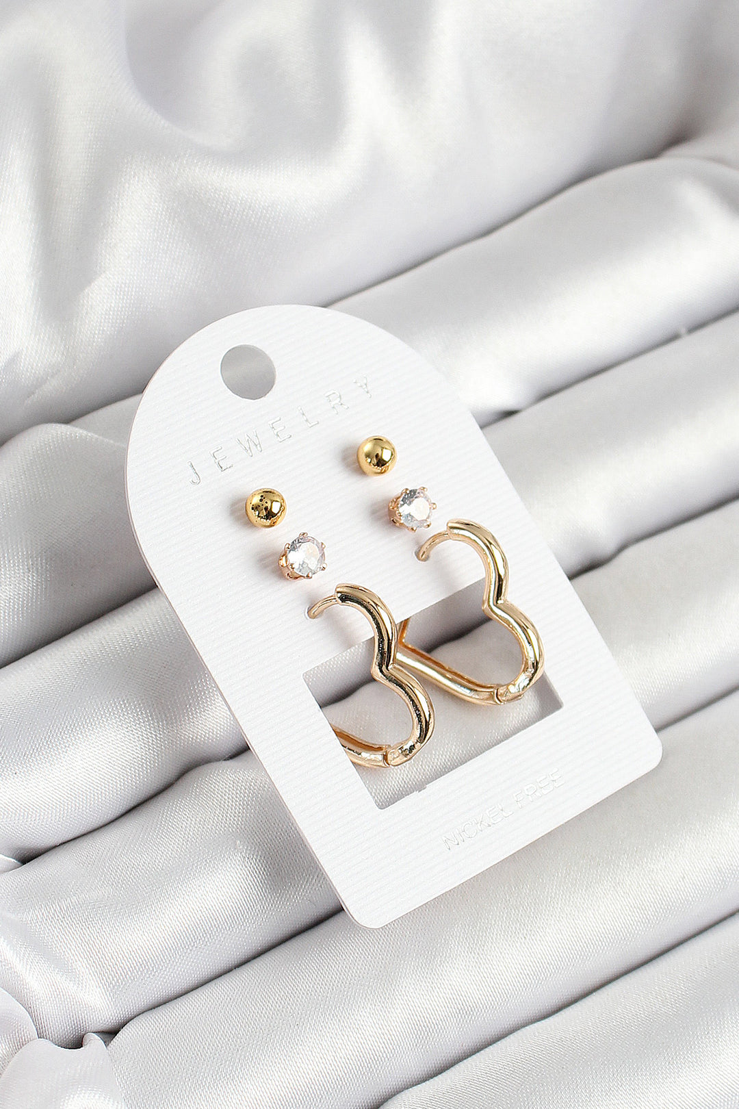 EBJ Rice Zircon Stone and Heart Figured Gold Color 3-Piece Women's Earring Set - Widnes