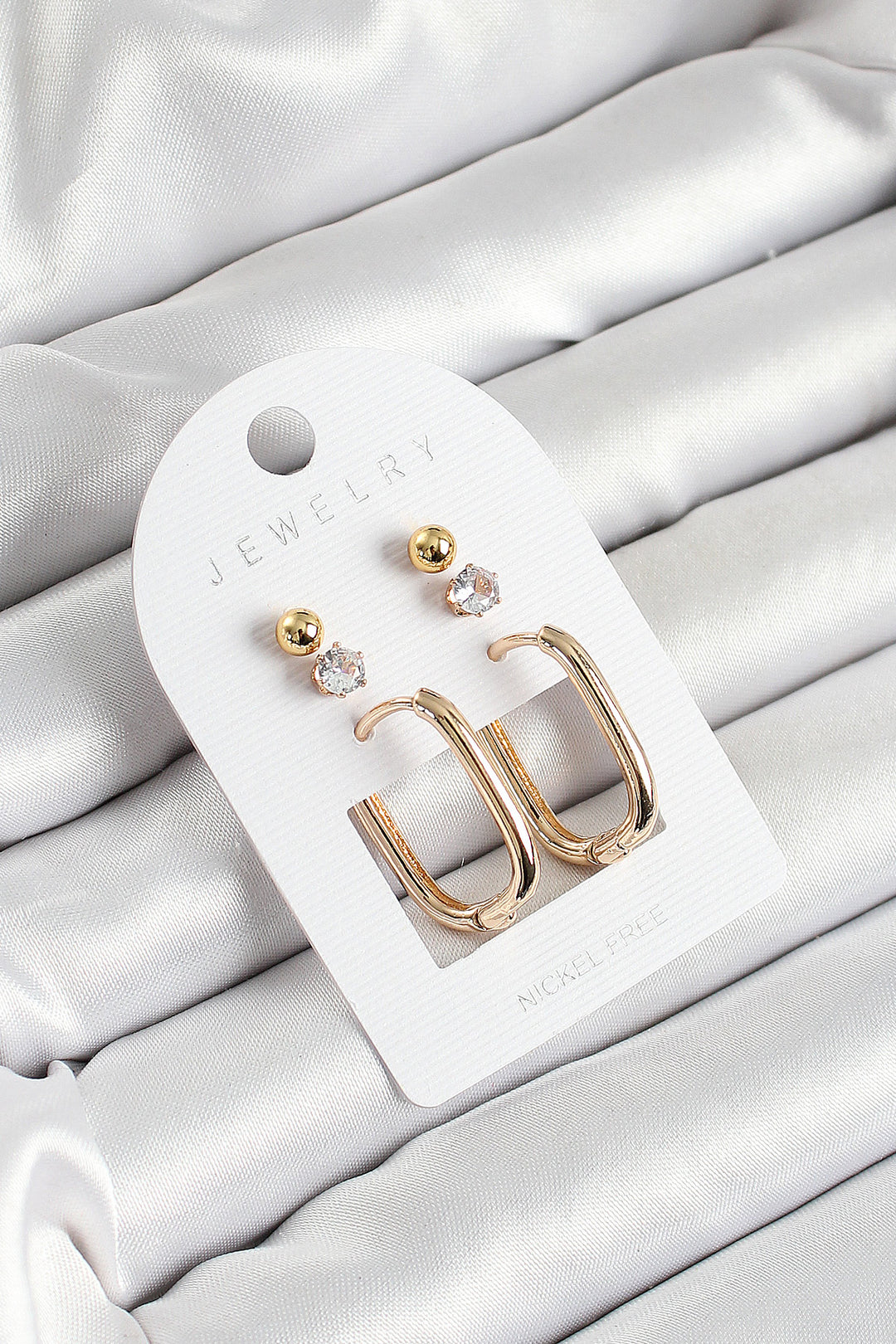 EBJ Rice Zircon Stone and Rectangular Figure Gold Color 3-Piece Women's Earring Set - Francavilla Fontana