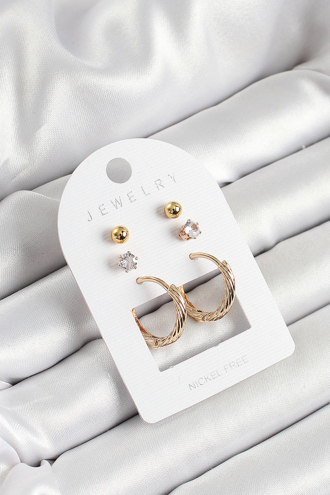 EBJ Rice Zircon Stone and Ring Figured Gold Color 3-Piece Women's Earring Set - Springfield