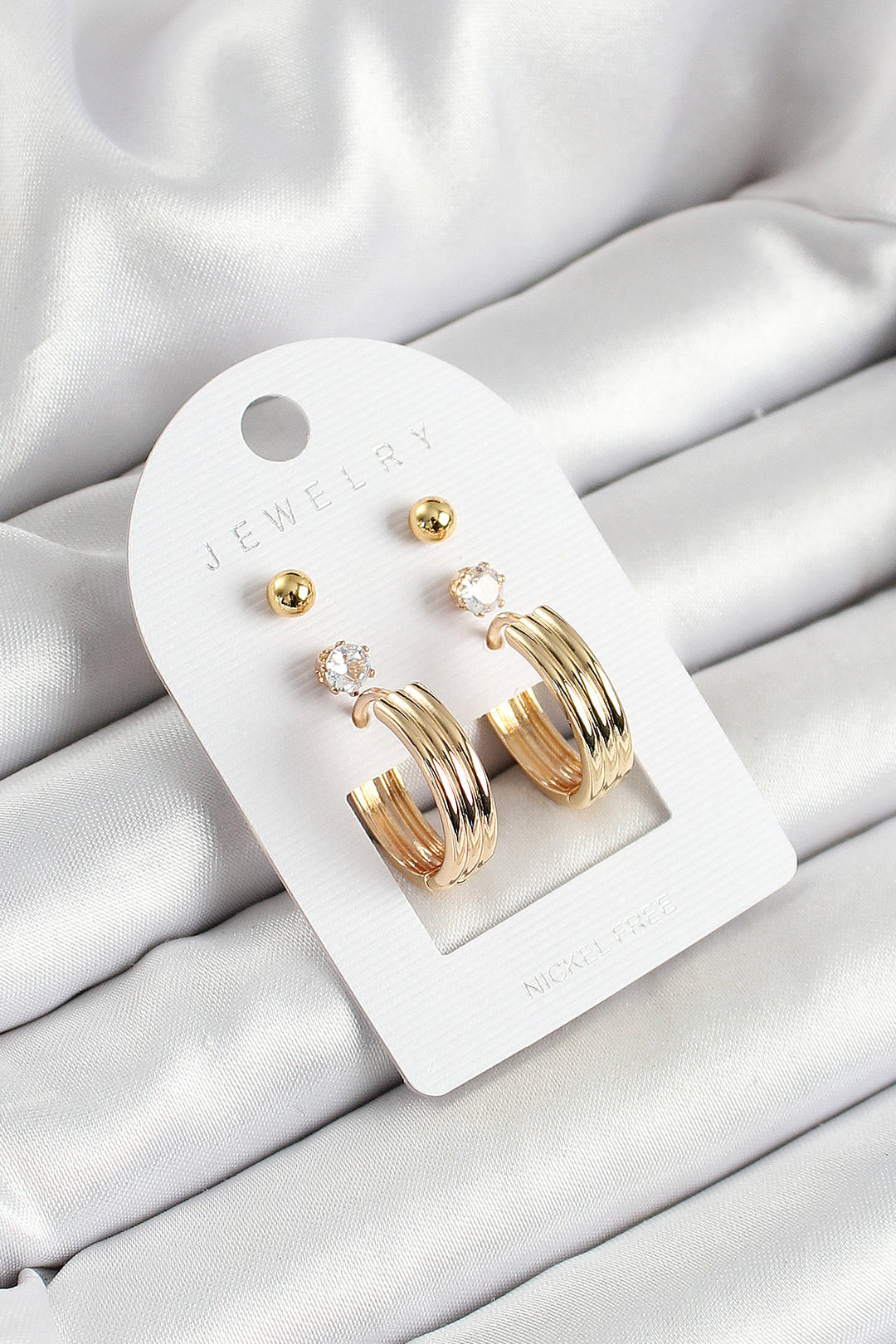 EBJ Rice Zircon Stone and Ring Figured Gold Color 3-Piece Women's Earring Set - Acatzingo