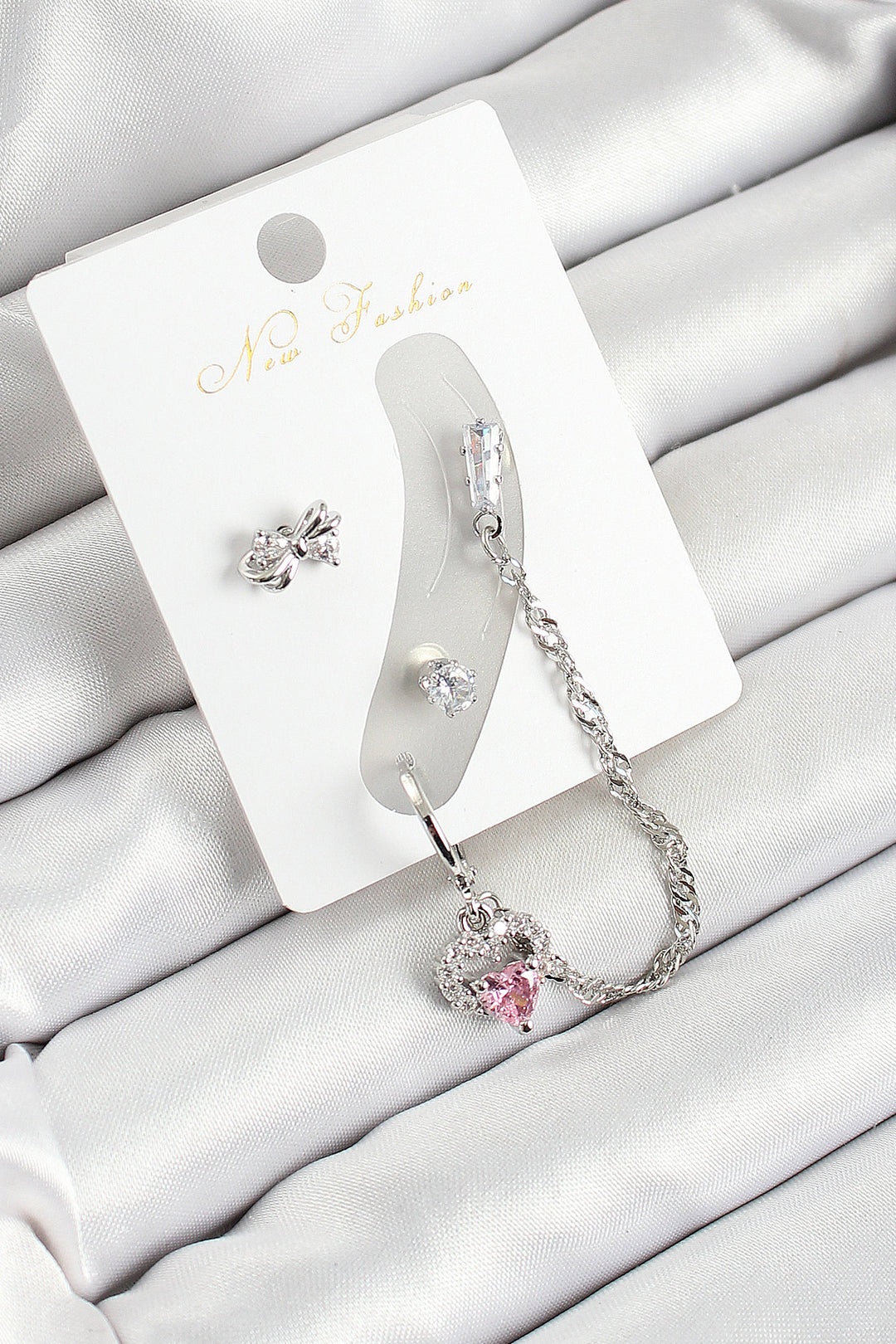 EBJ Rice Bow and Heart Shaped Zircon Stone Silver Color 3-Piece Cartilage Earring Set for Women - Yonkers