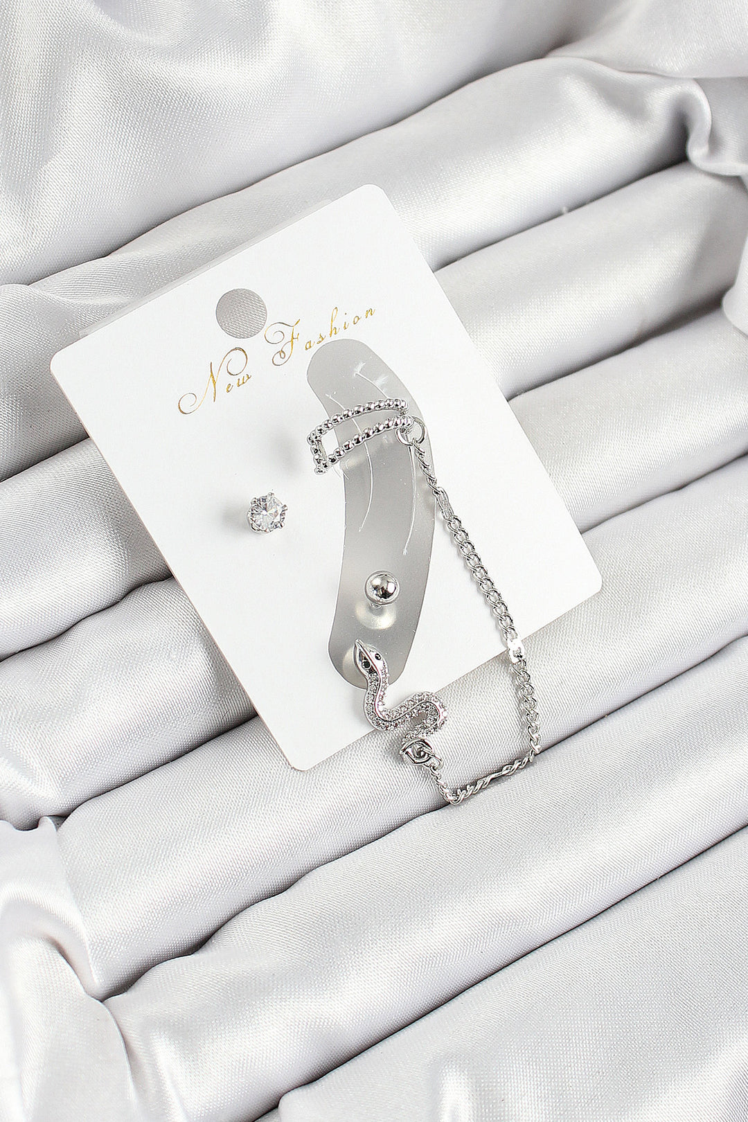 EBJ Rice Snake Figure Zircon Stone Silver Color 3-Piece Cartilage Women's Earring Set - Taxco de Alarcón