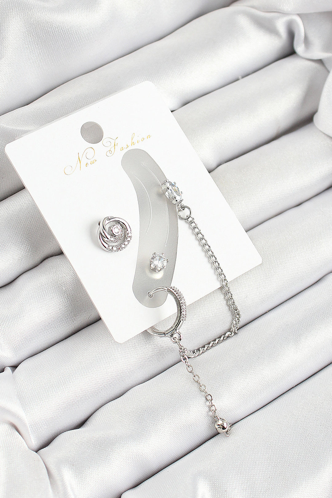 EBJ Rice Ring Figured Zircon Stone Silver Color 3-Piece Cartilage Women's Earring Set - Placentia