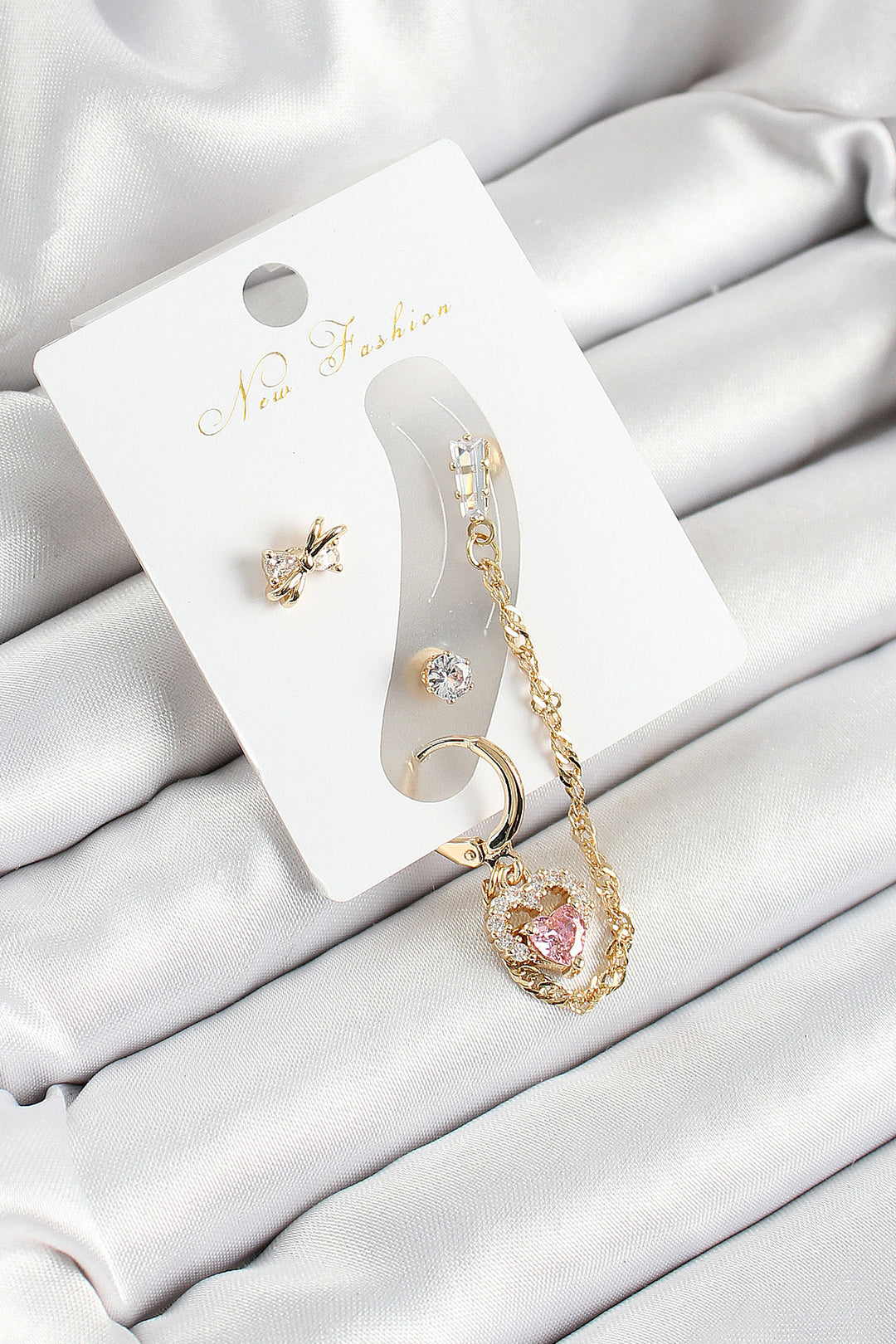 EBJ Rice Bow and Heart Shaped Zircon Stone Gold Color 3-Piece Cartilage Women's Earring Set - Maricopa