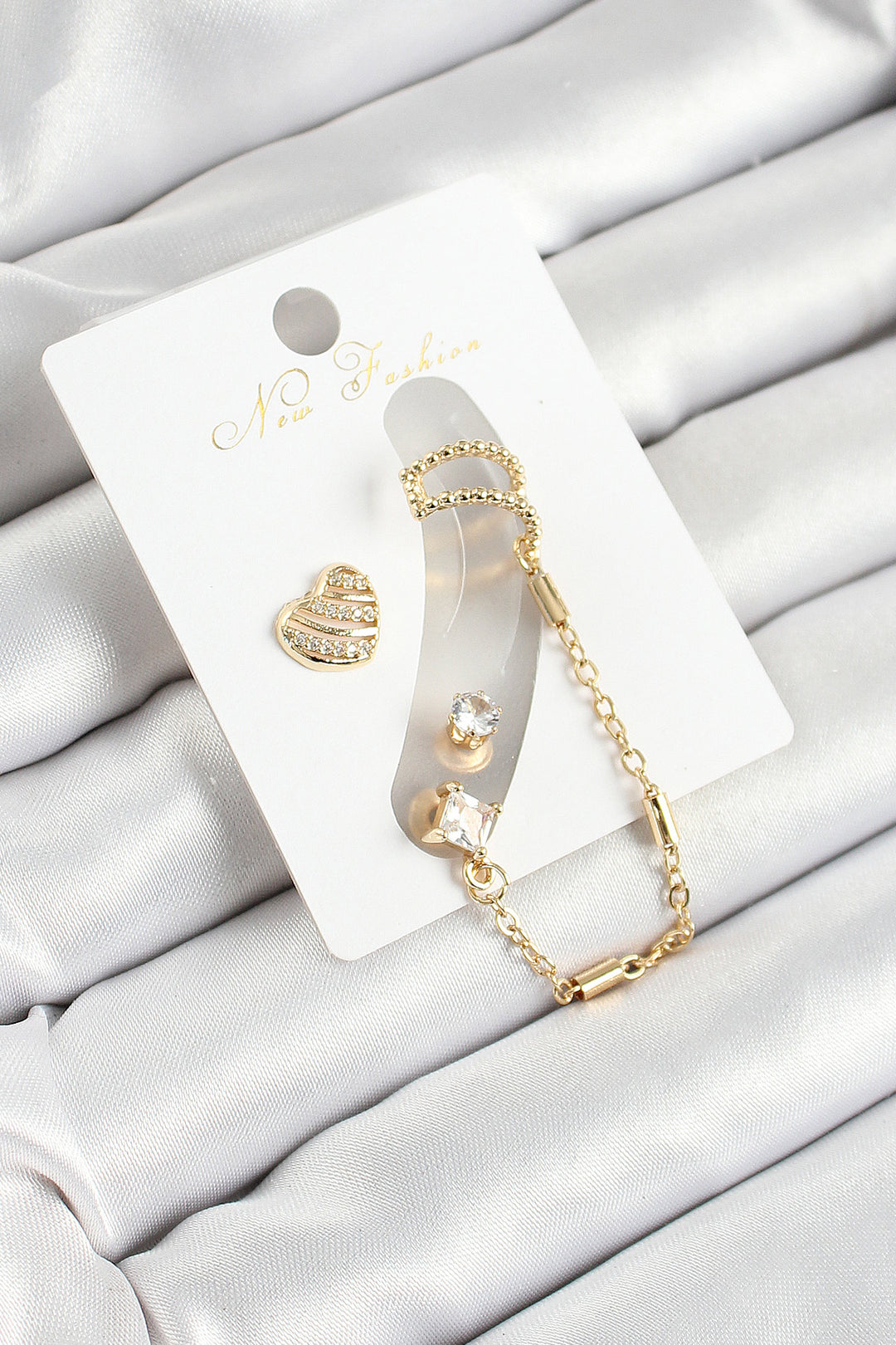 EBJ Rice Heart Shaped Zircon Stone Gold Color 3-Piece Cartilage Women's Earring Set - Galloway