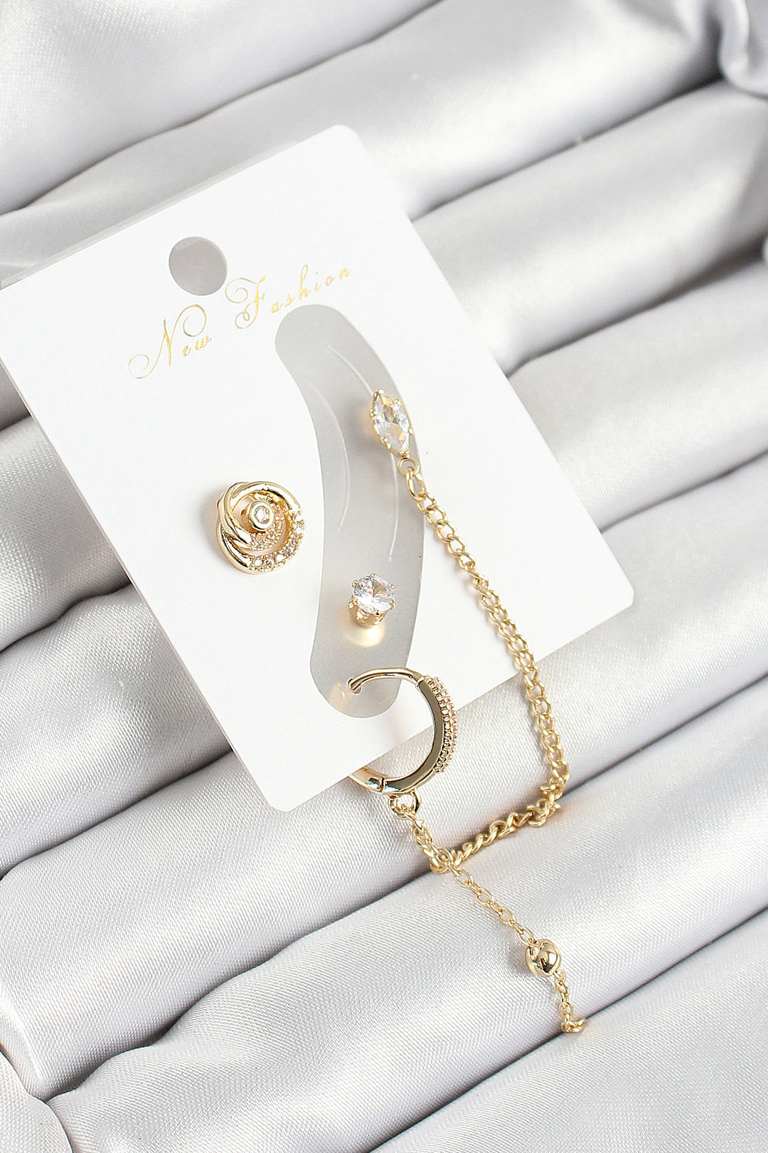 EBJ Rice Ring Figured Zircon Stone Gold Color 3-Piece Cartilage Women's Earring Set - Town Country