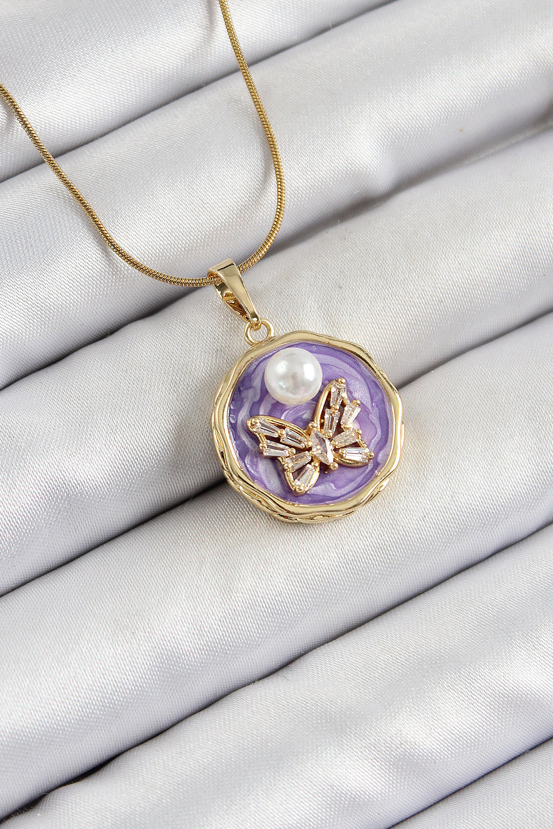 EBJ 316L Steel Chain with Zircon Stone Purple Artistic Portrait Pearl Detailed Butterfly Model Gold Color Women's Necklace - Boyarka