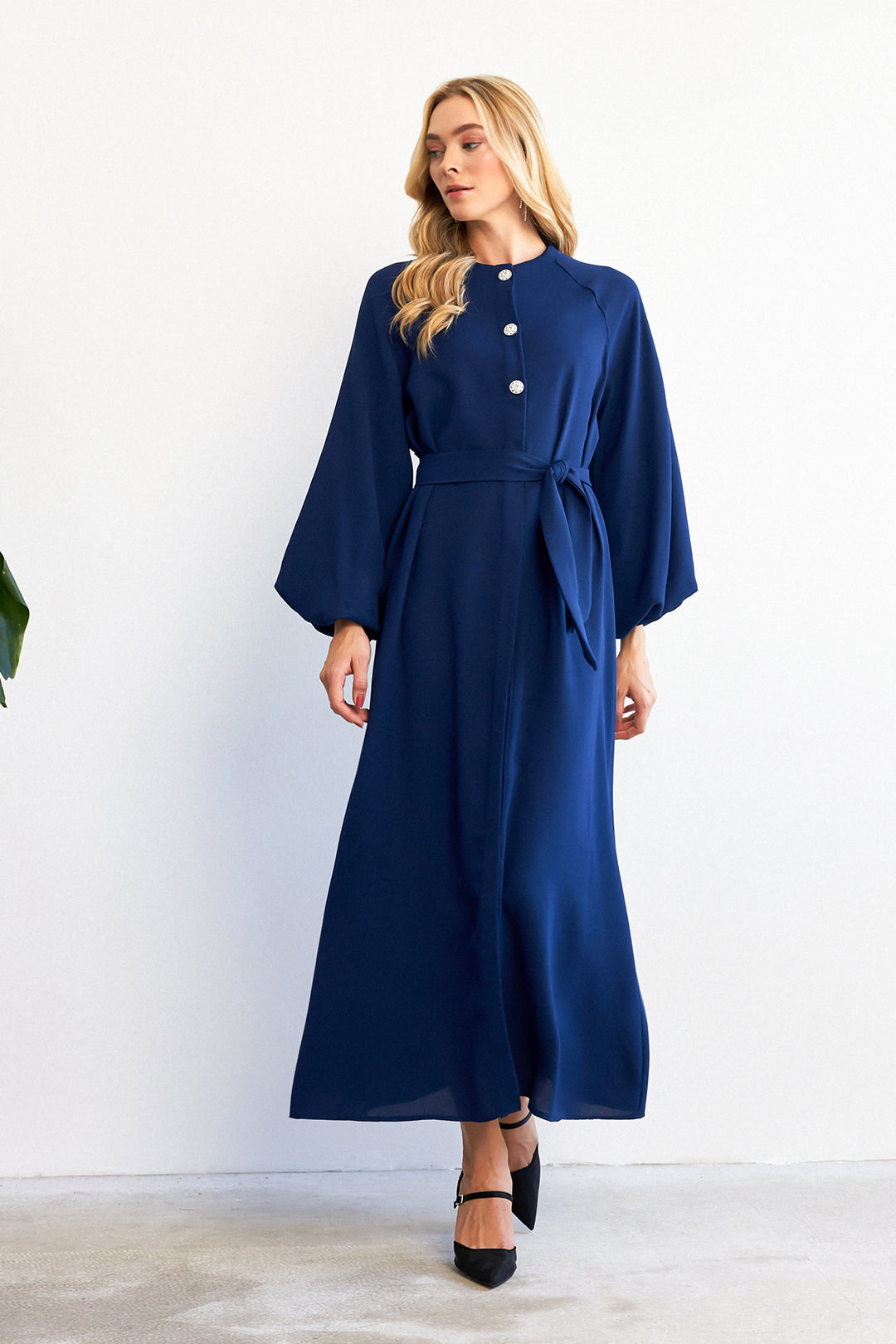 ZRF Women Balloon Sleeve Buttoned Abaya Dress - Indigo - Deer Park