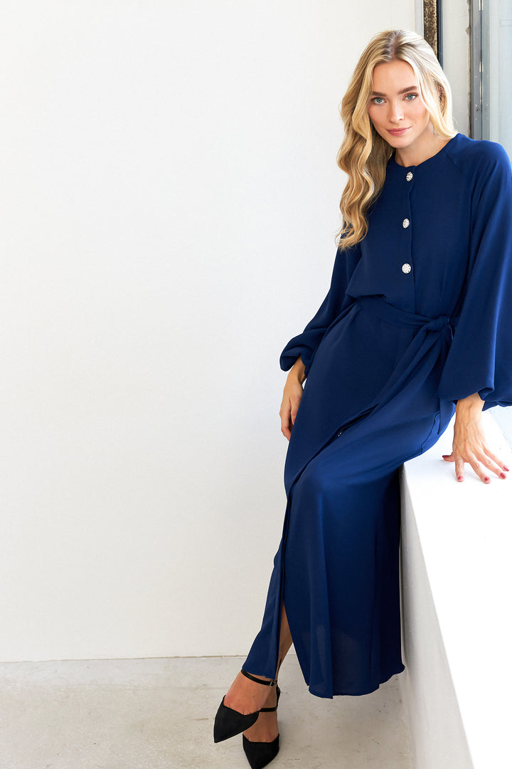 ZRF Women Balloon Sleeve Buttoned Abaya Dress - Indigo - Deer Park
