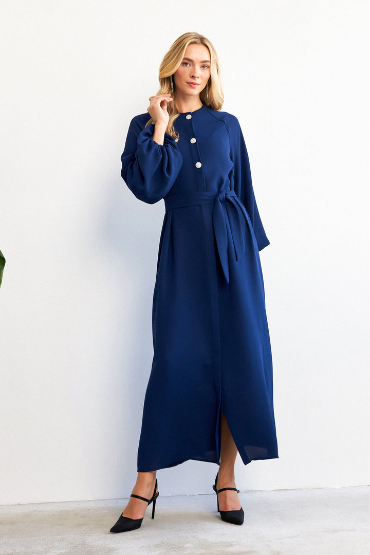 ZRF Women Balloon Sleeve Buttoned Abaya Dress - Indigo - Deer Park