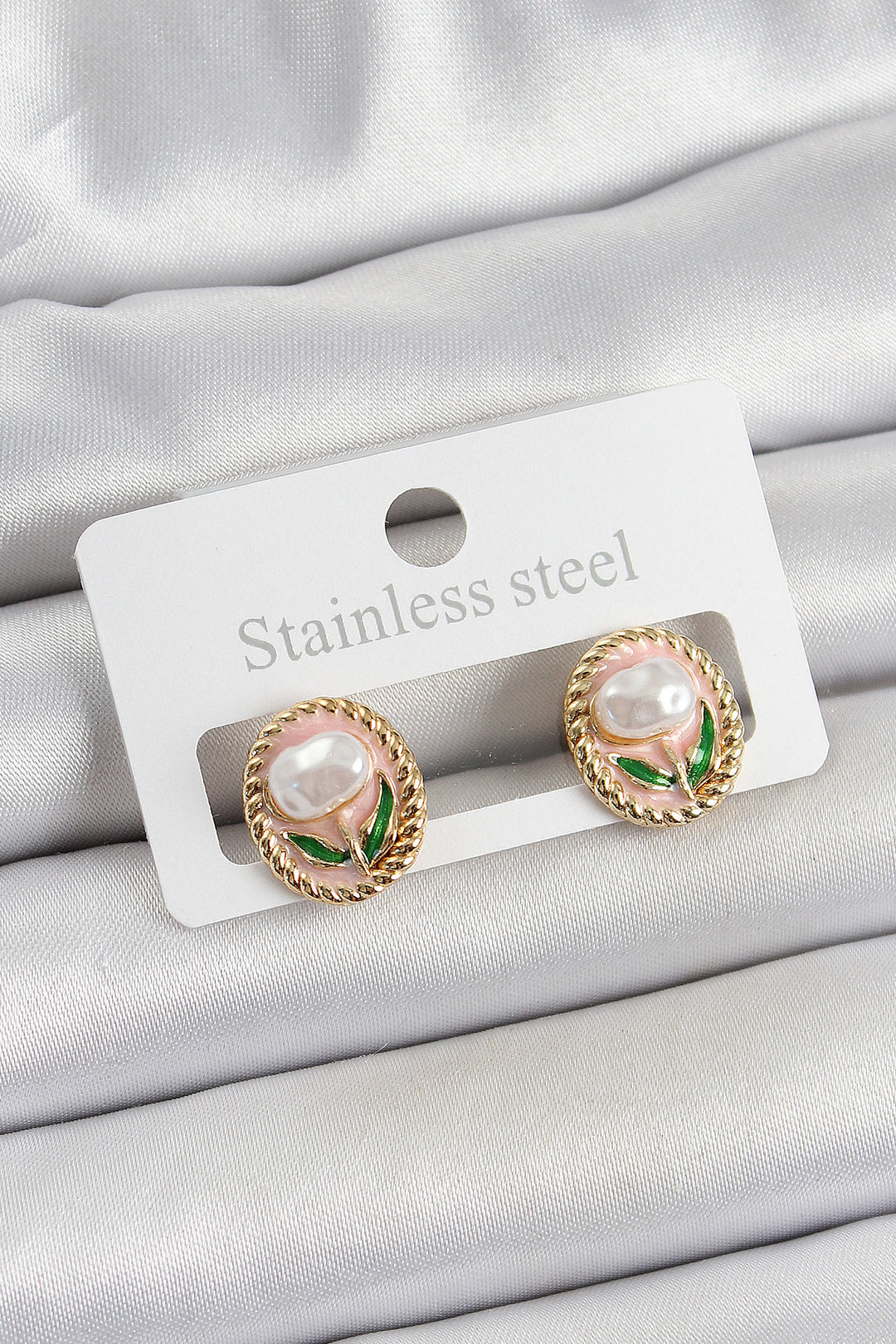 EBJ Rice Pink Enamel Tulip Figured Artistic Portrait Model Gold Color Women's Earrings - Istog