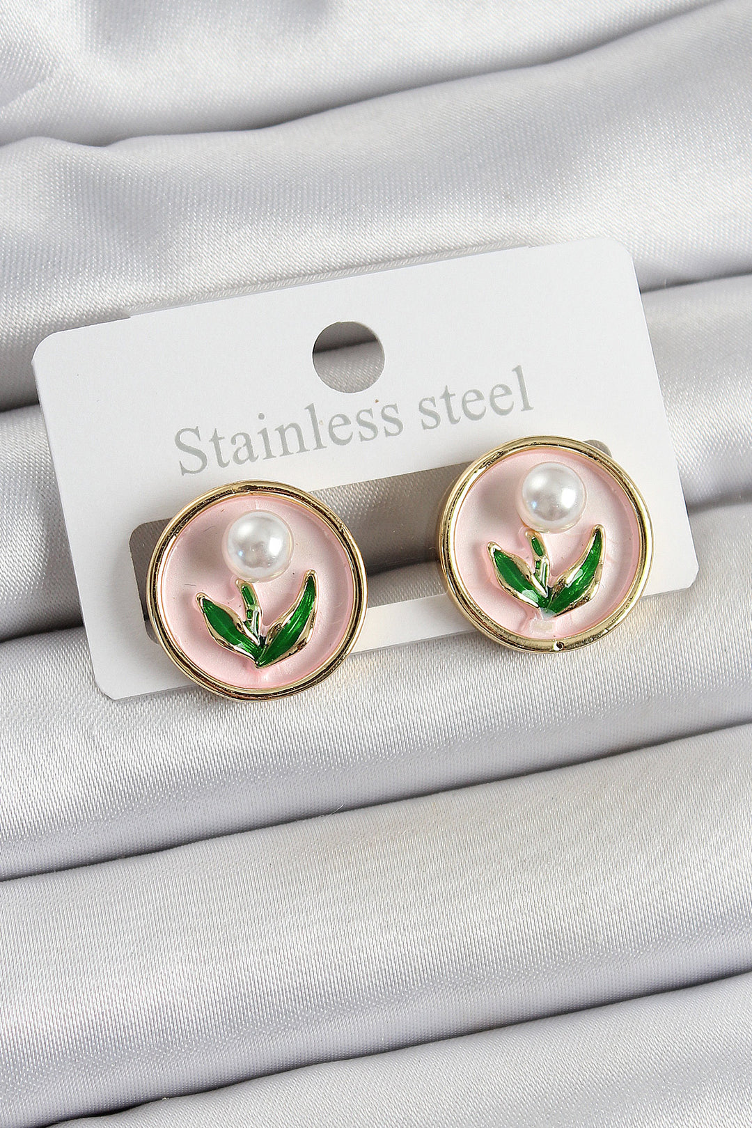 EBJ Rice Pink Enamel Tulip Figured Artistic Portrait Model Gold Color Women's Earrings - Deer Park