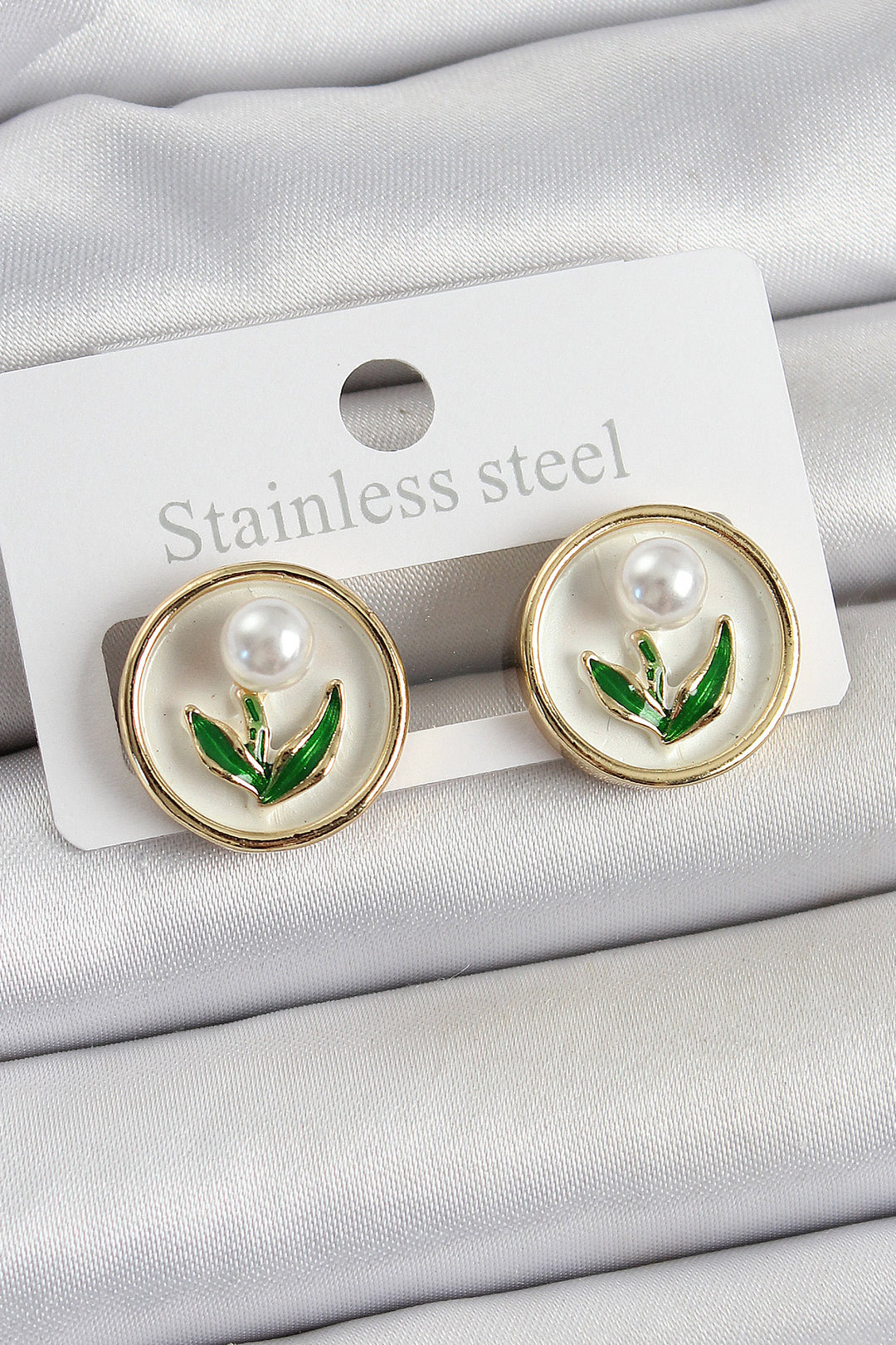EBJ Rice White Enamel Tulip Figured Artistic Portrait Model Gold Color Women's Earrings - Véroia