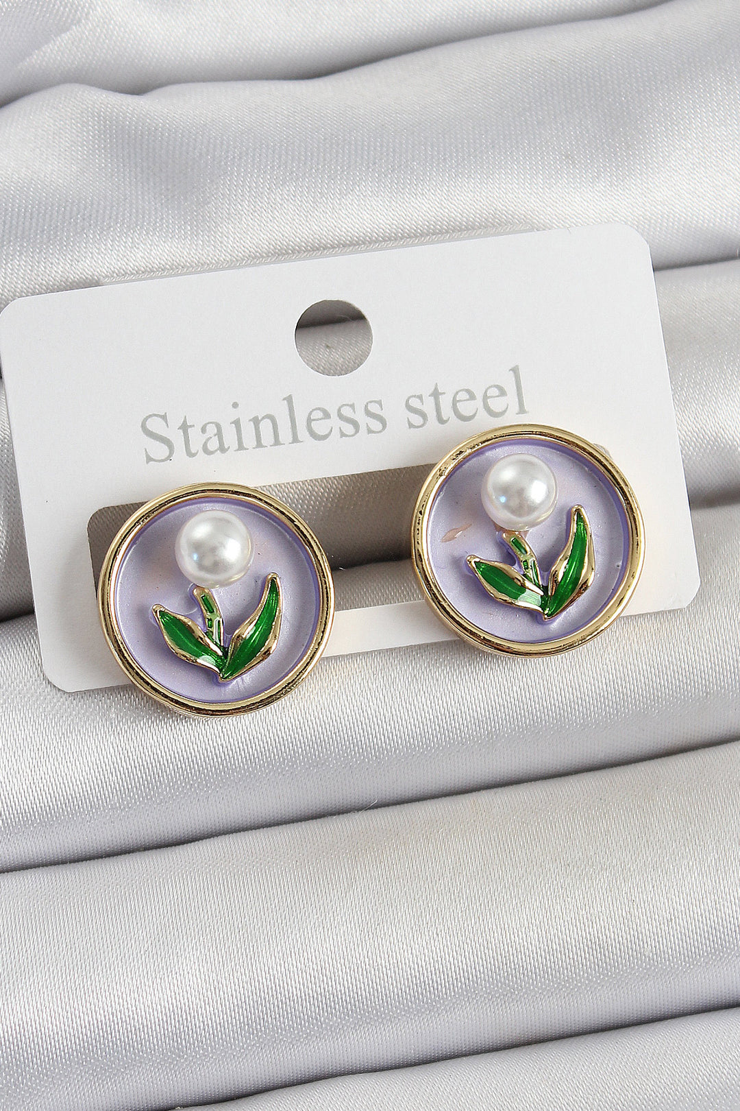 EBJ Rice Purple Enamel Tulip Figured Artistic Portrait Model Gold Color Women Earring - Brighton