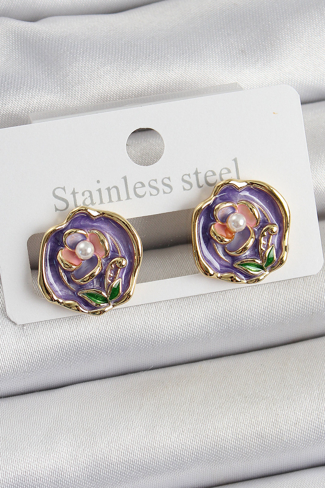 EBJ Rice Purple Enamel Flower Figured Artistic Portrait Model Gold Color Women's Earrings - Wentzville