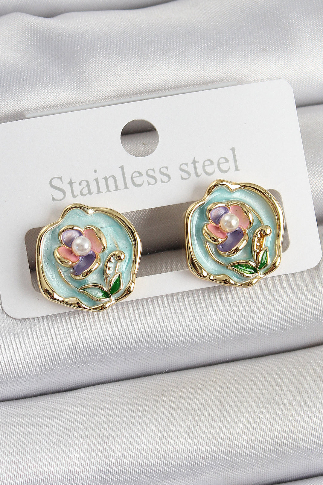 EBJ Rice Green Enamel Flower Figured Artistic Portrait Model Gold Color Women's Earring - Duncanville