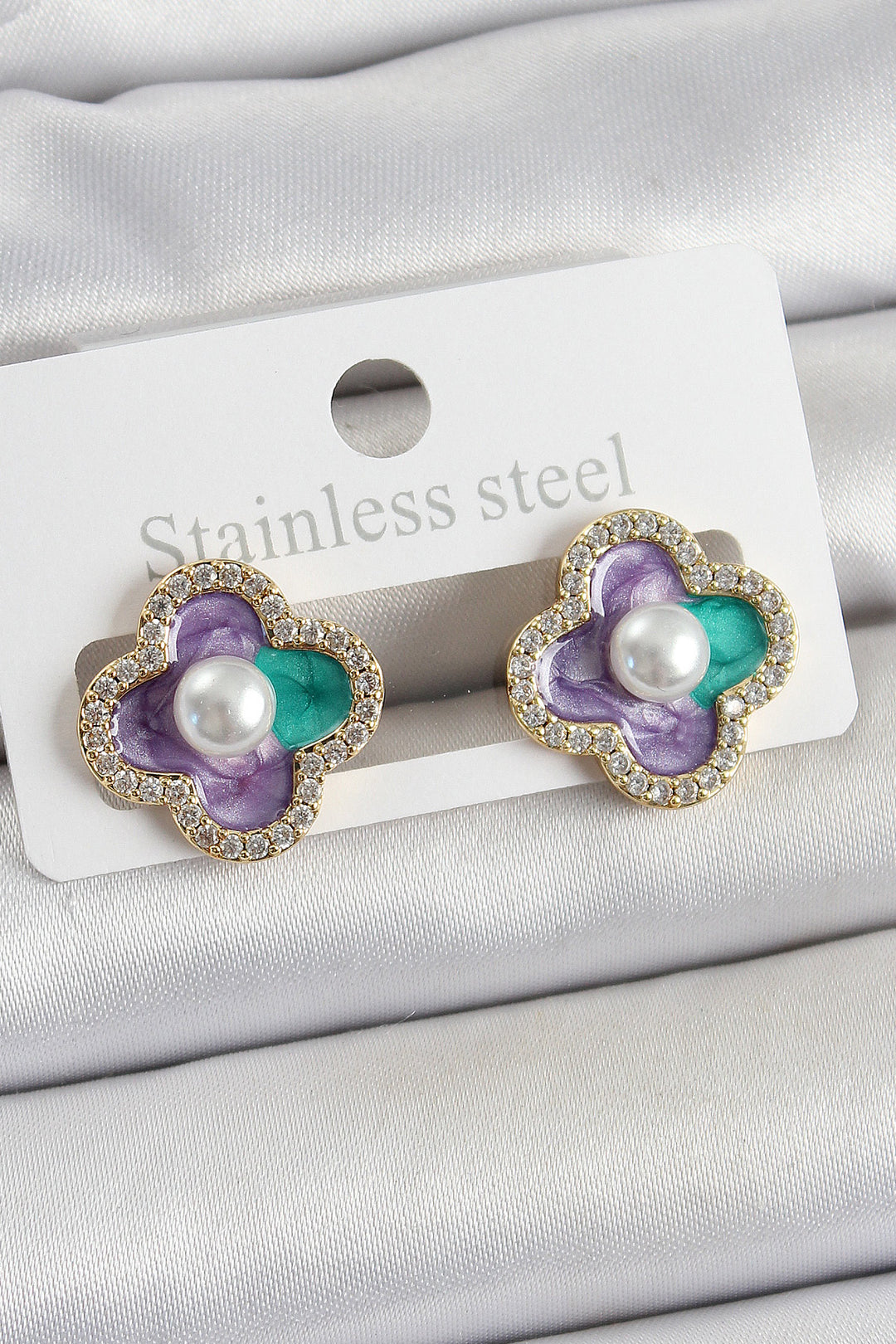 EBJ Rice Purple Enamel Pearl Detailed Zircon Stone Artistic Portrait Clover Model Gold Color Women's Earrings - Kehl