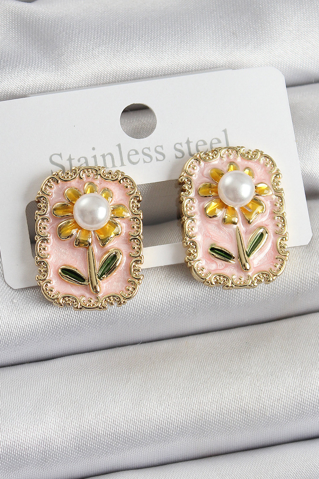 EBJ Rice Pink Enamel Daisy Figured Artistic Portrait Model Gold Color Women's Earrings - Manassas
