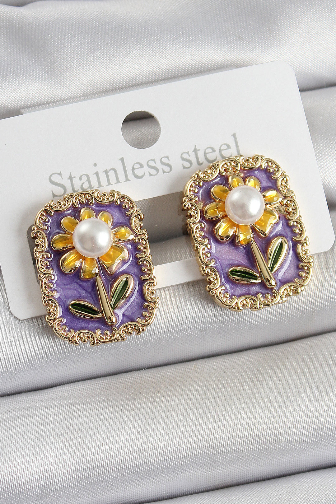 EBJ Rice Purple Enamel Daisy Figured Artistic Portrait Model Gold Color Women Earring - Rieti