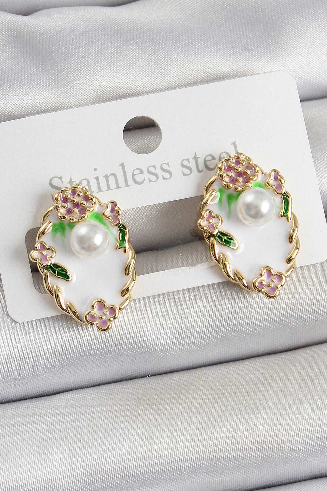 EBJ Rice White Enamel Pearl Detailed Artistic Portrait Model Gold Color Women's Earrings - Altadena