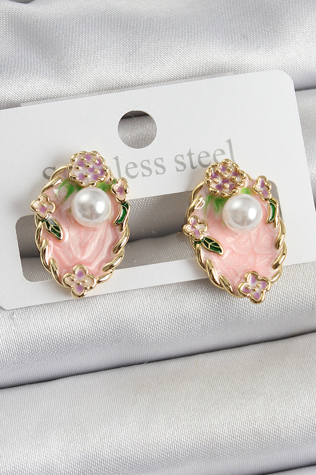 EBJ Rice Pink Enamel Pearl Detailed Artistic Portrait Model Gold Color Women's Earrings - Winter Haven