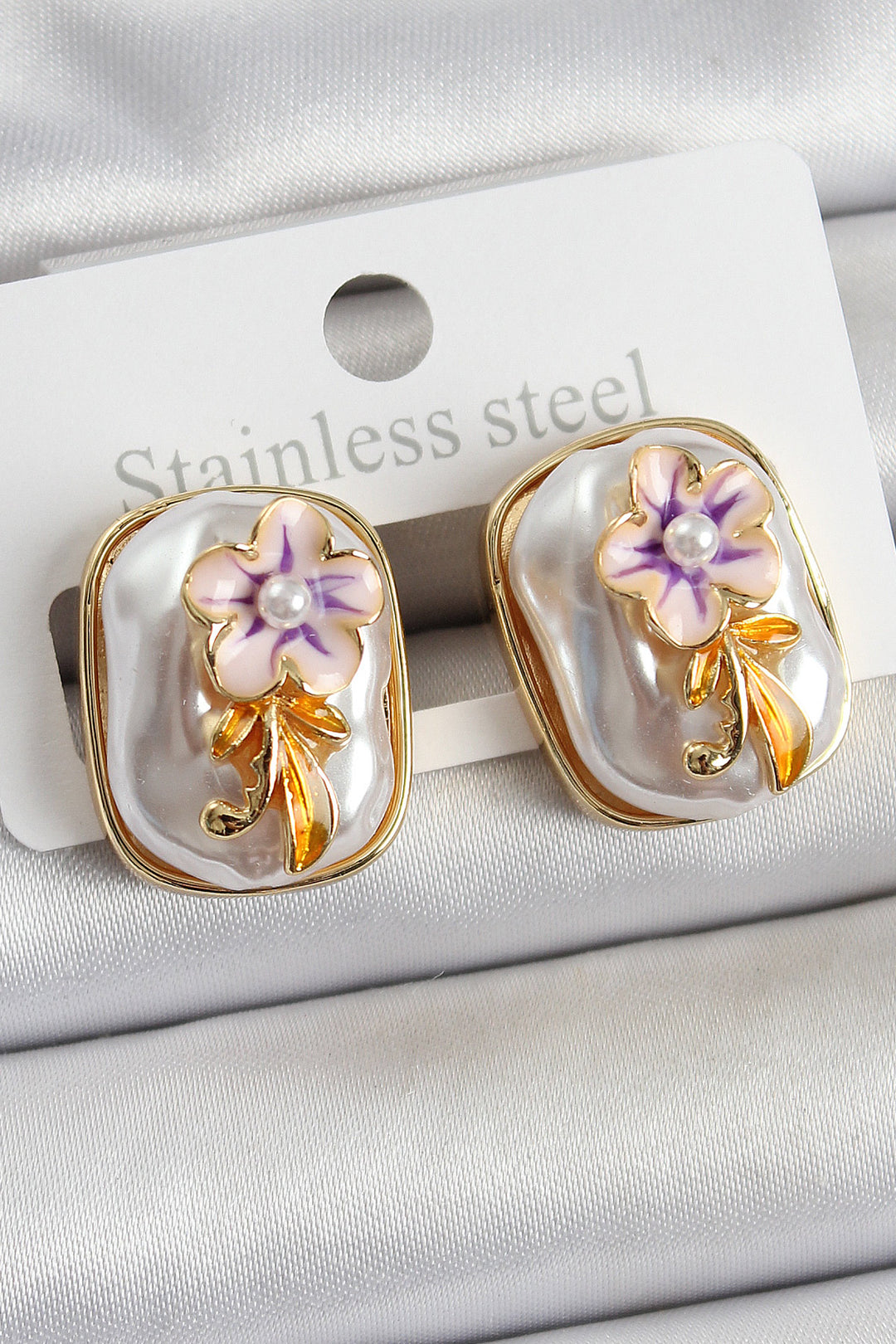 EBJ Rice White Enamel Pearl Detailed Flower Figured Artistic Portrait Model Gold Color Women's Earrings - Levittown
