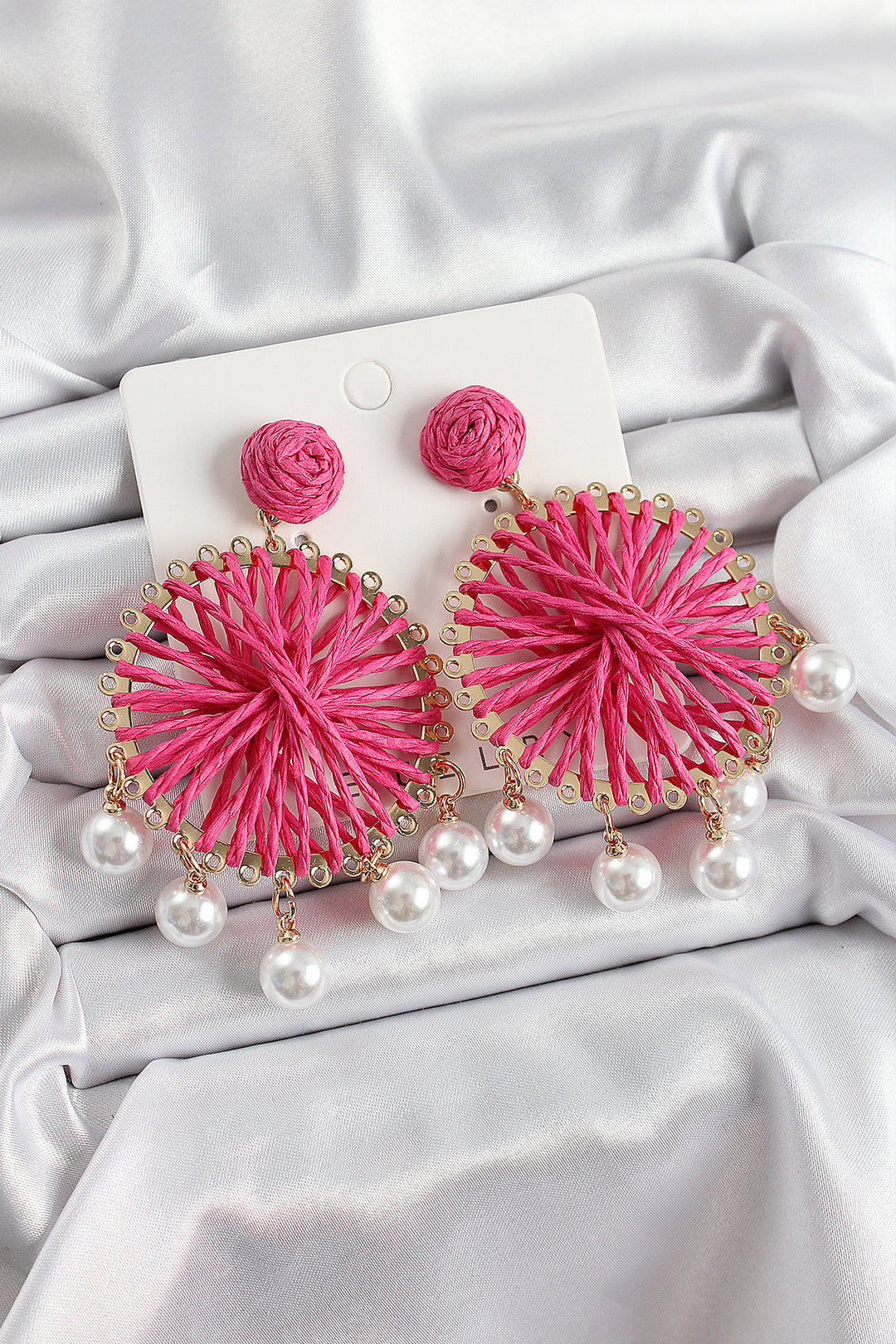 EBJ Pink Wicker Knitted Spiral Model Dangling Earrings with Pearl Detail in Gold Color for Women - Kerpen
