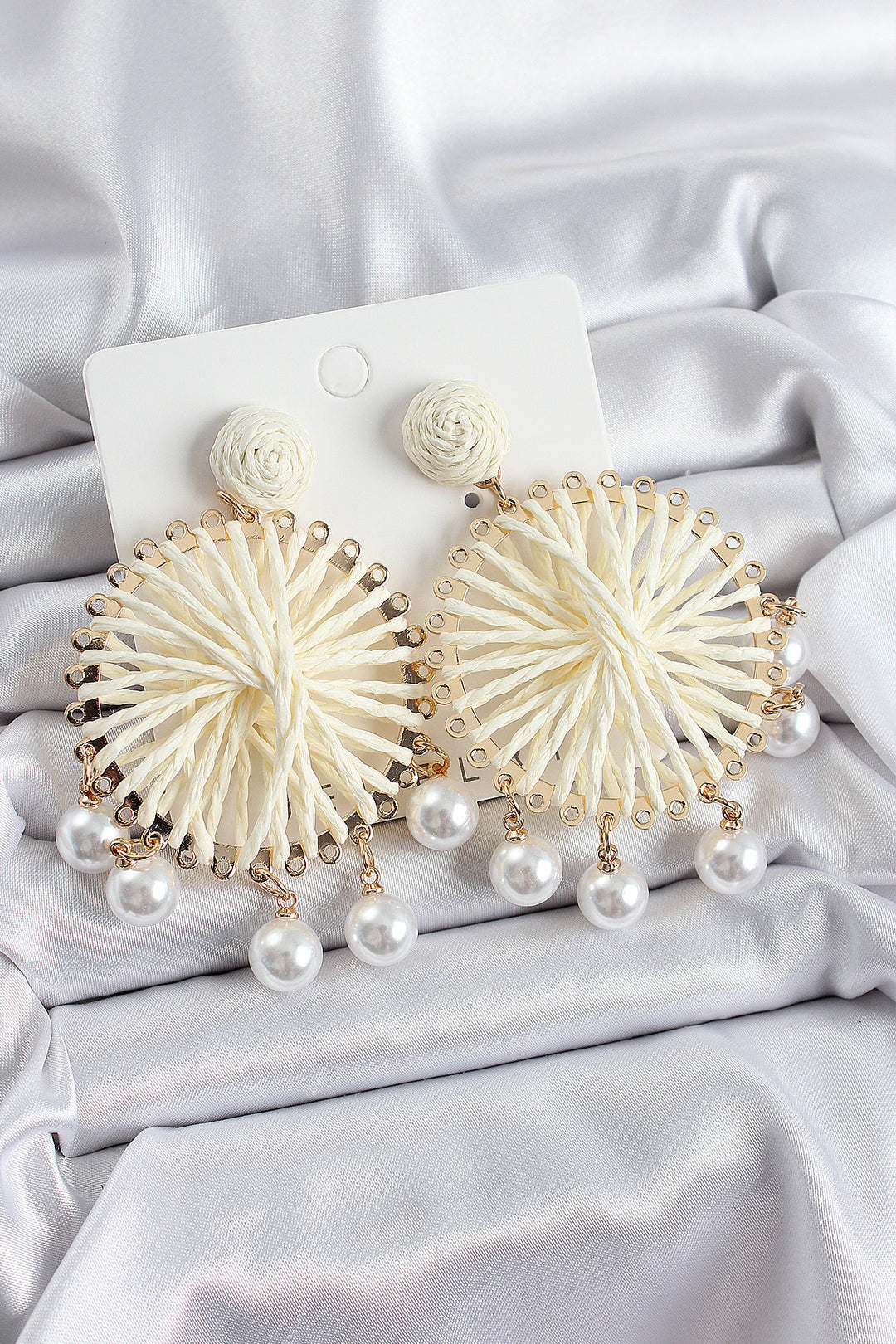 EBJ Cream Straw Knitted Spiral Model Earrings with Pearl Detail in Gold Color for Women - Saint John