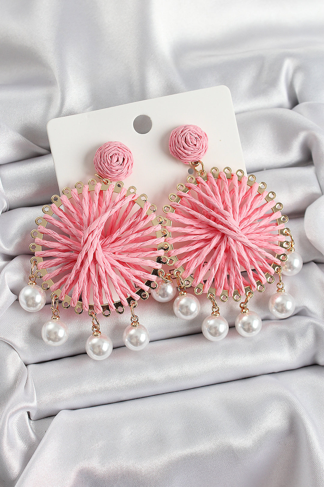 EBJ Open Pink Wicker Knitted Spiral Model Earrings with Pearl Detail in Gold Color for Women - Wokingham