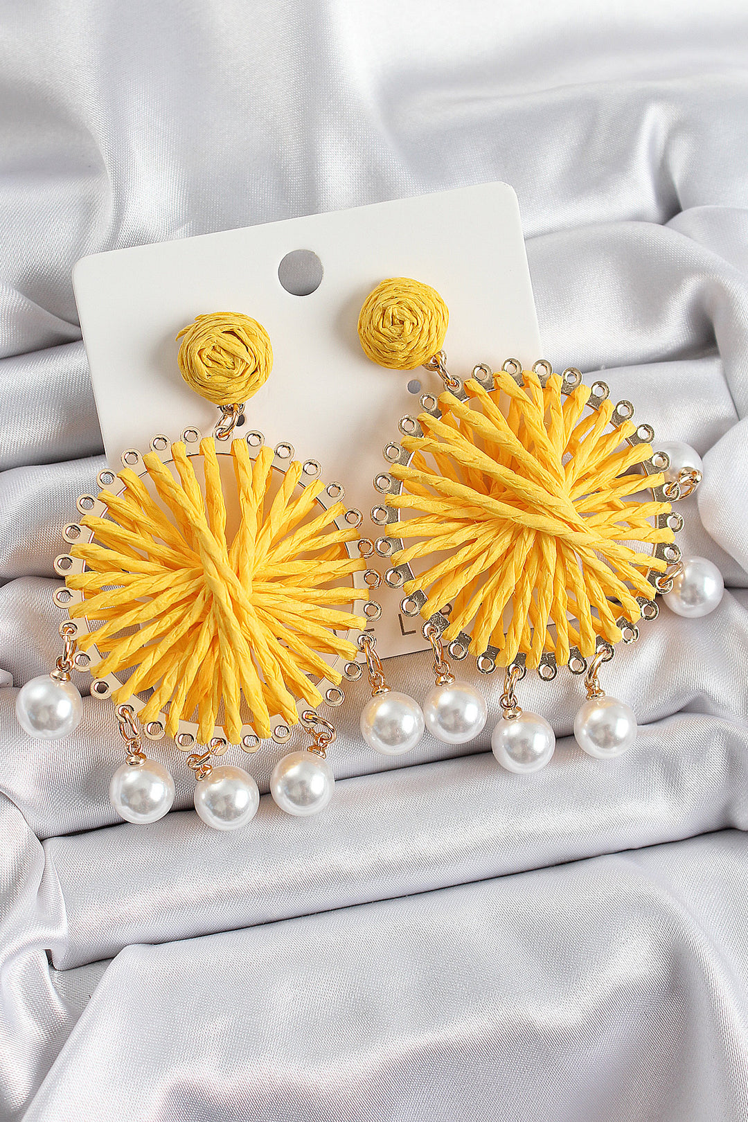 EBJ Yellow Wicker Weave Spiral Design Dangle Earrings with Pearl Details in Gold Color for Women - Caivano